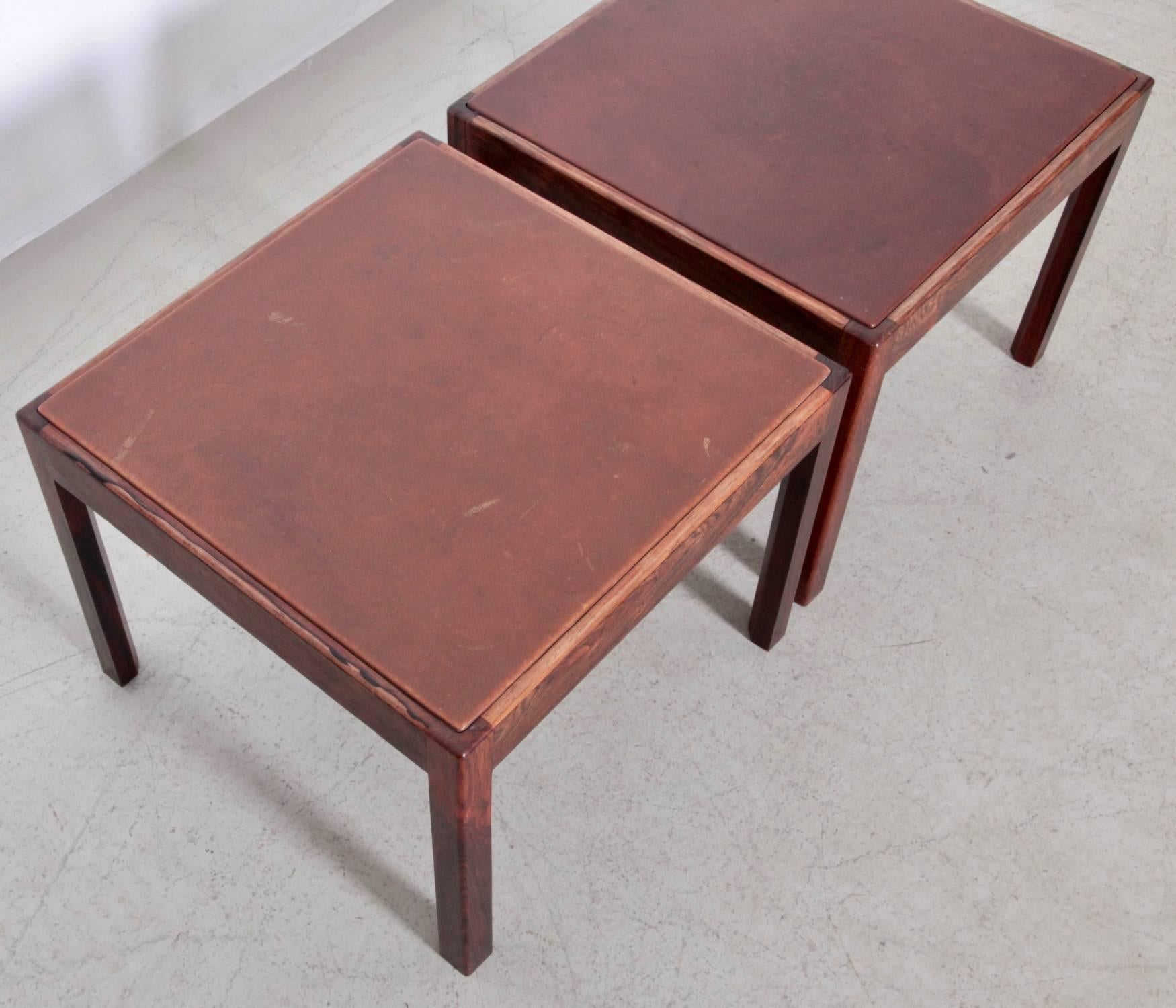 Mid-Century Modern Pair of Danish Rosewood Side Tables with Leather Top