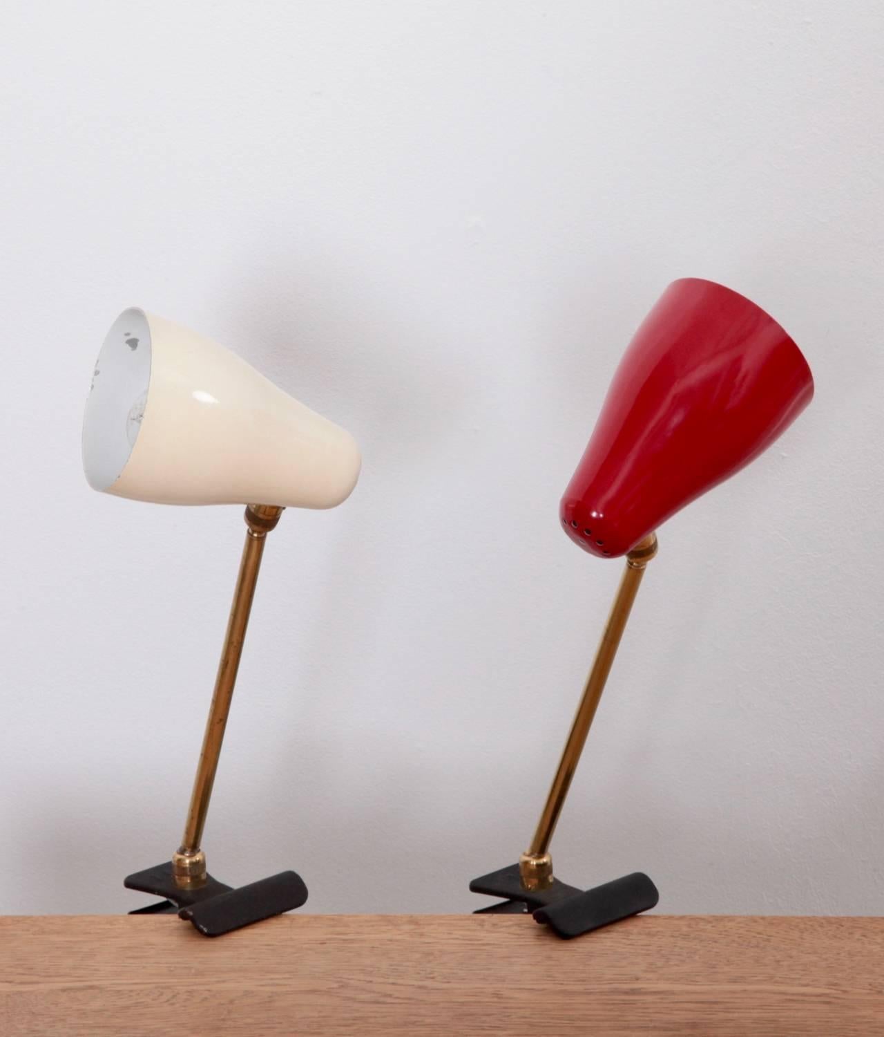 Beautiful set of a red and white original condition Giuseppe Ostuni Lamps for O-Luce, Italy, 1950s.