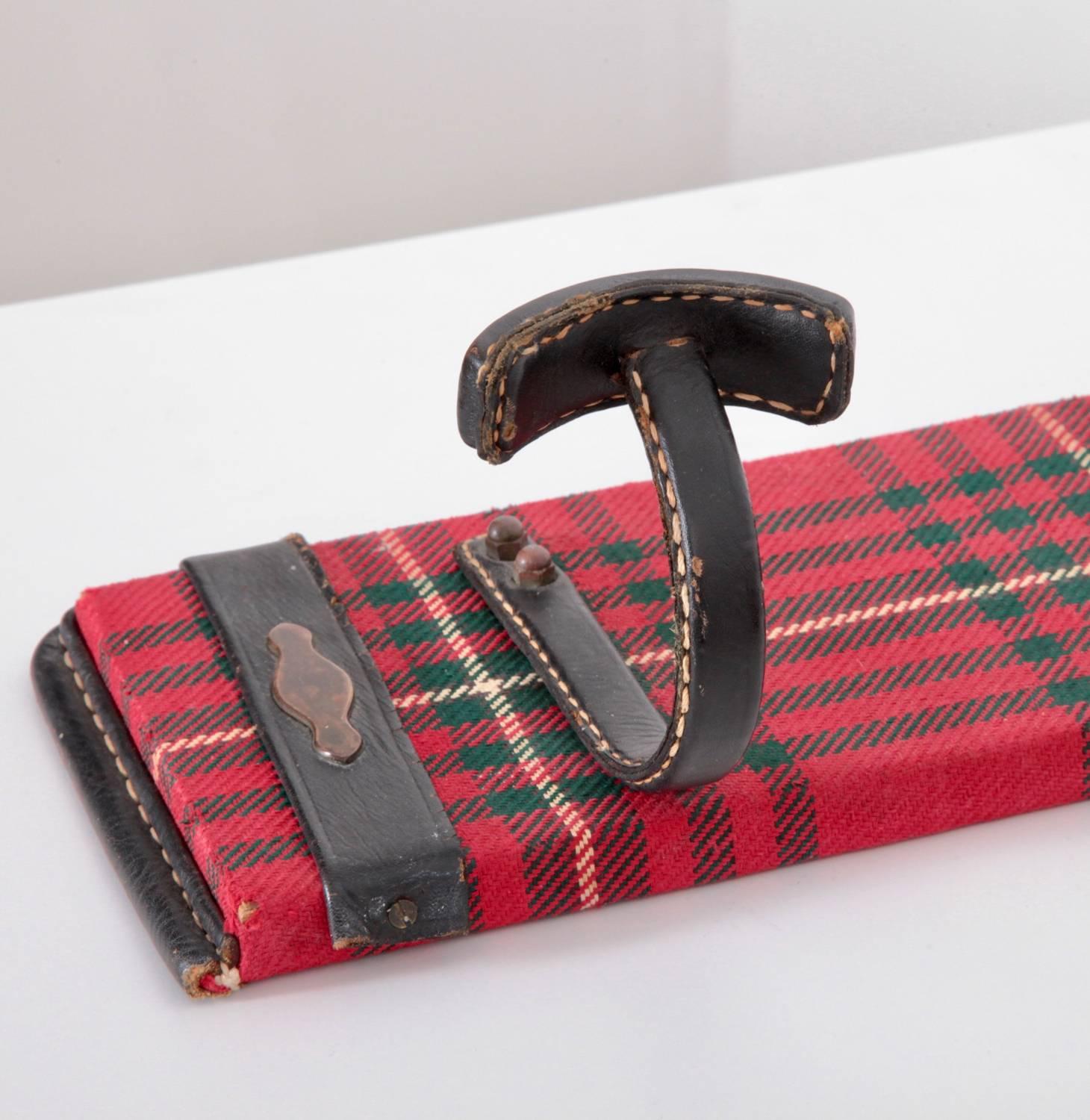 French Fully Original Jacques Adnet Coat Hanger in Leather and Tartan Plaid Wool