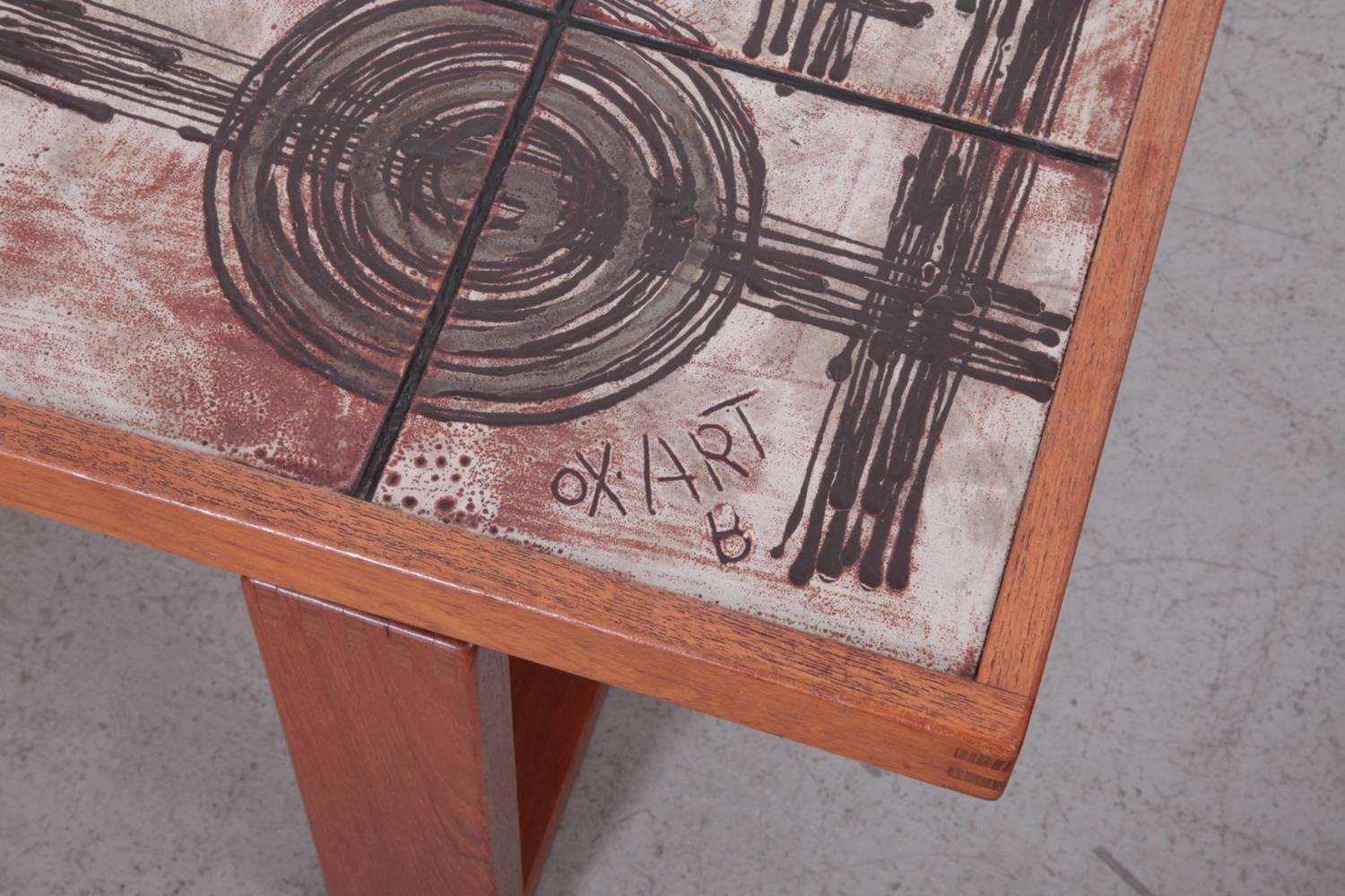 Ceramic art tiles on top of a solid teak base. Very nice wooden connections and the table is in excellent condition.
