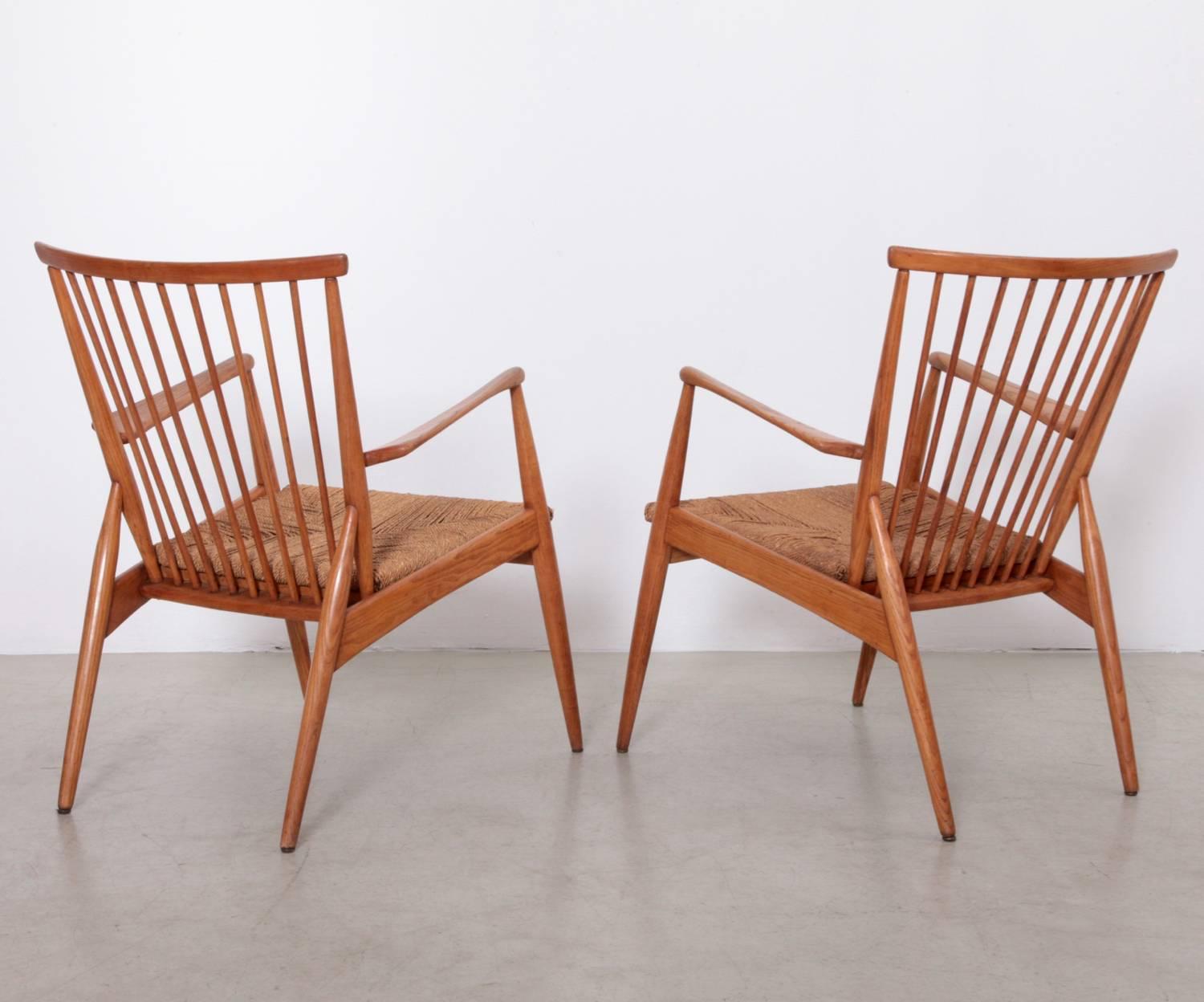 Mid-Century Modern Pair of German Studio Lounge Chairs in Ash and Papercord