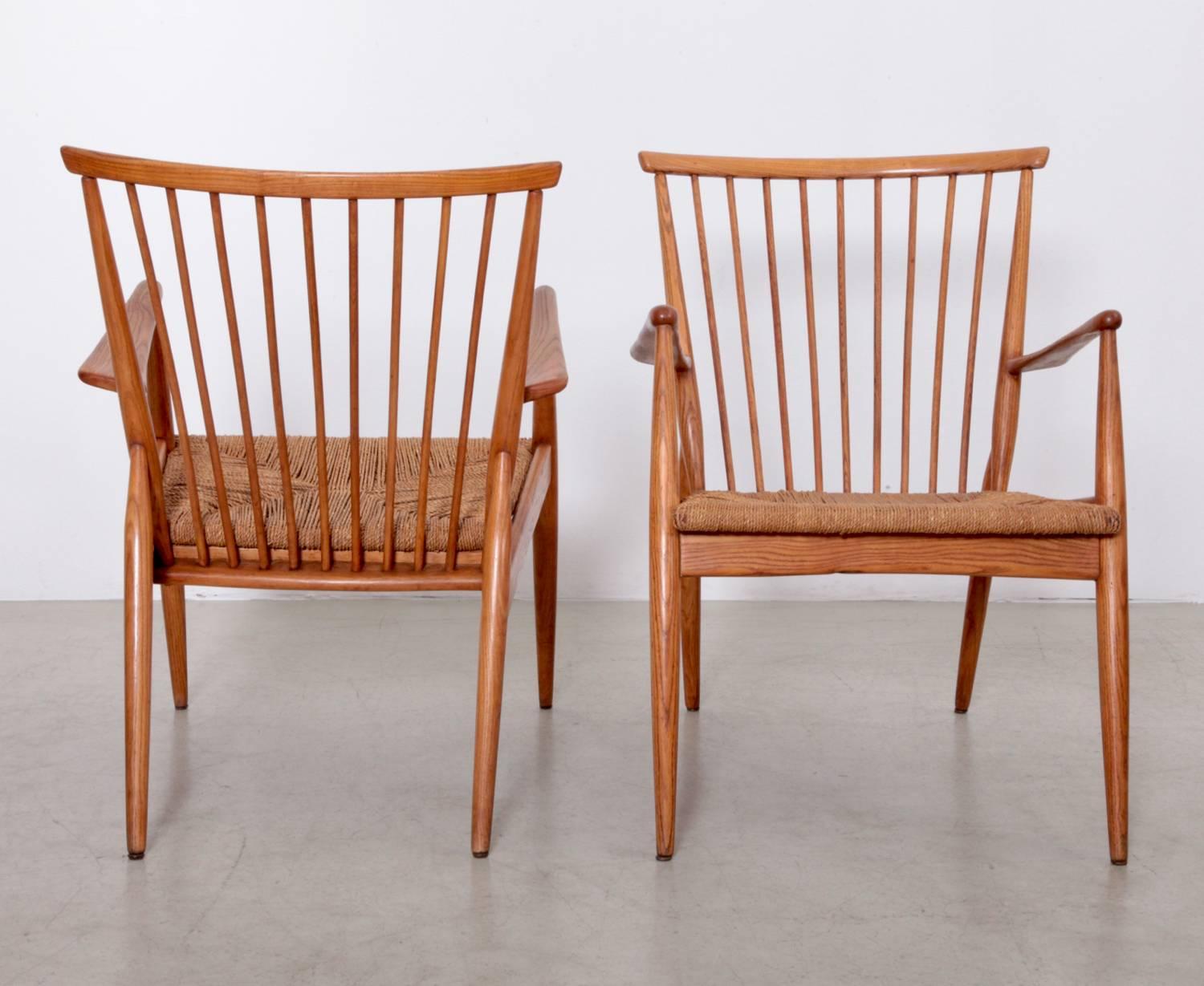 Pair of German Studio Lounge Chairs in Ash and Papercord In Excellent Condition In Berlin, DE