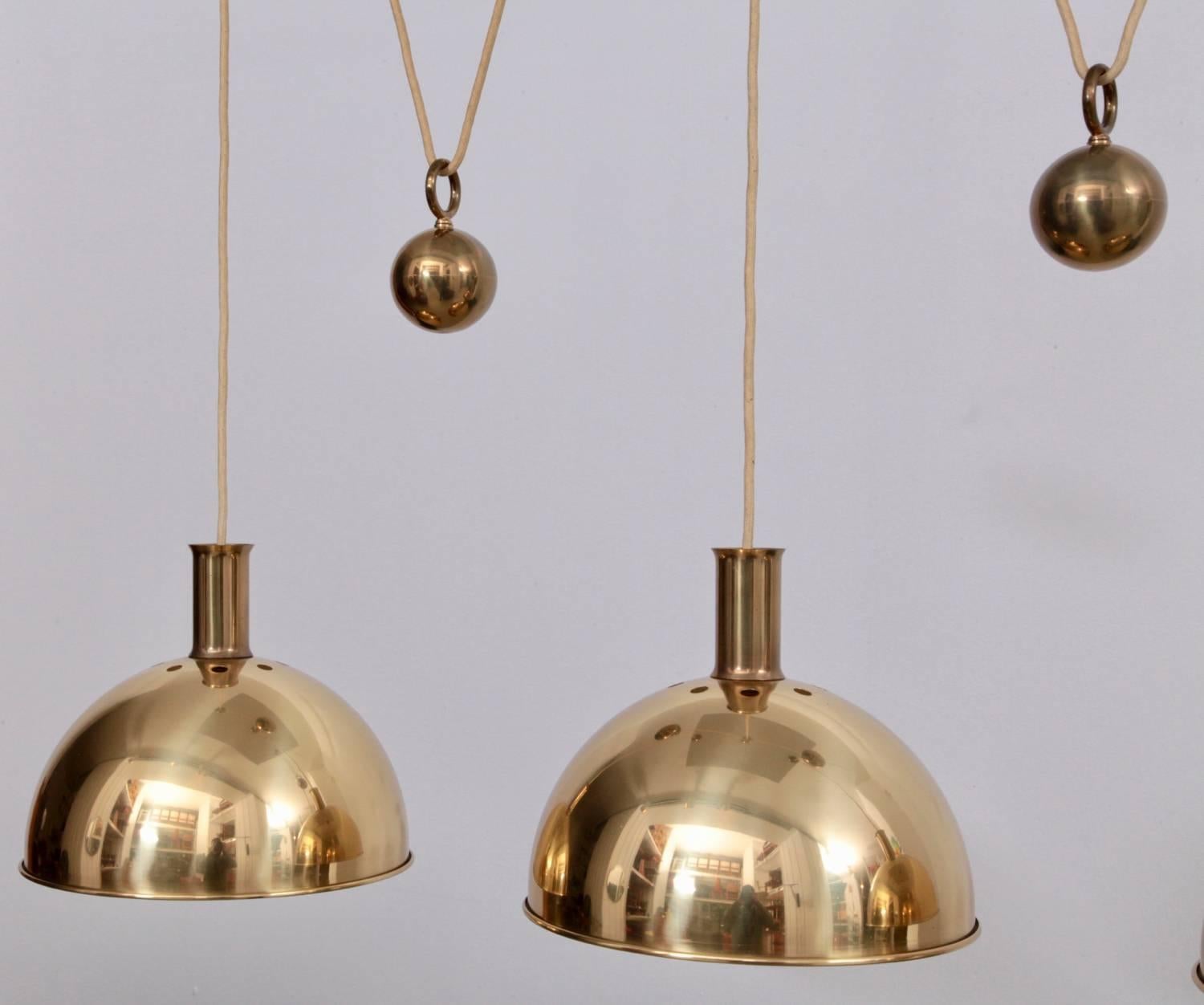 Mid-Century Modern Rare Early Florian Schulz Posa Triple Counterweight Pendant Lamp in Brass