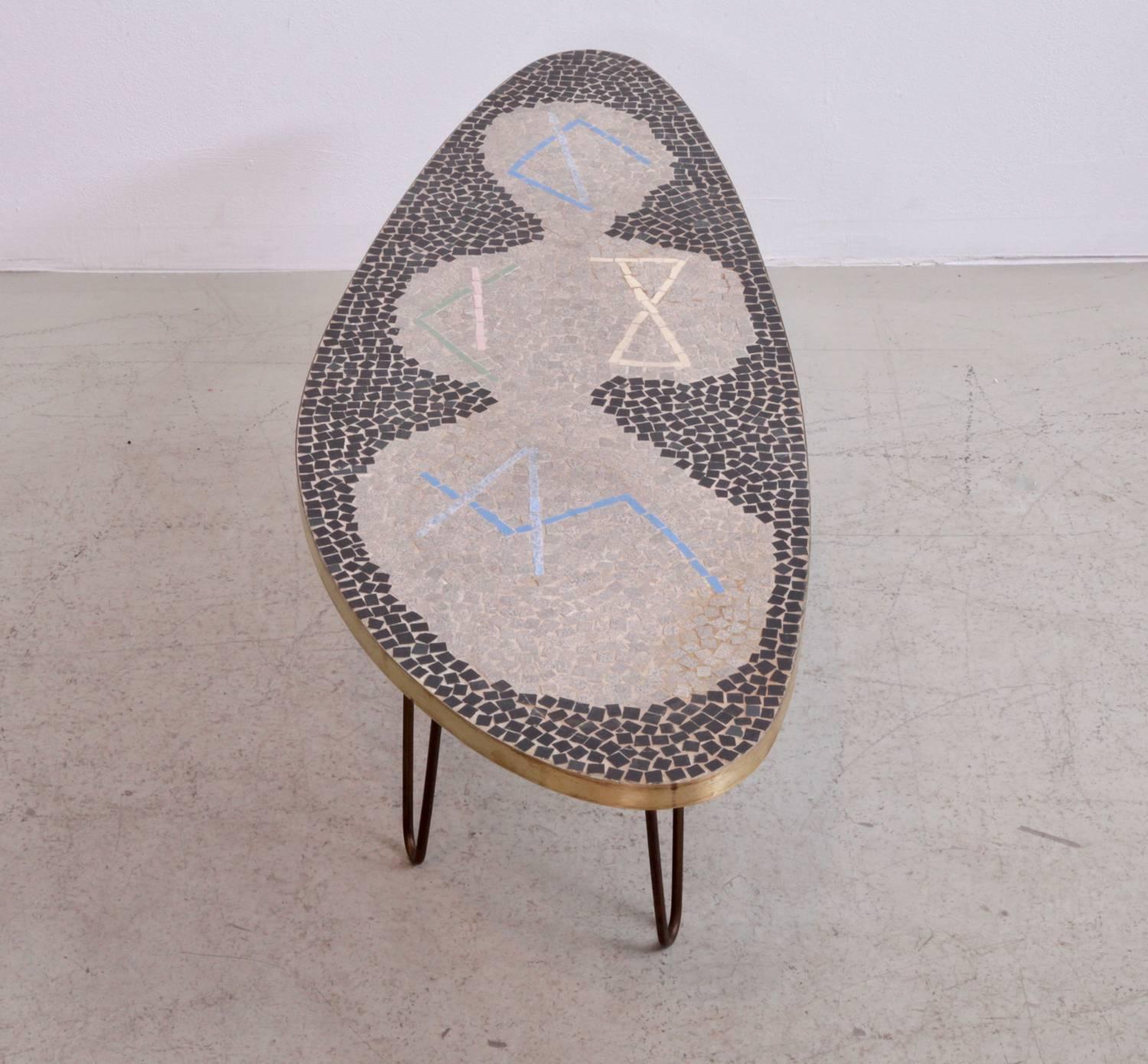 Beautiful small version of a Berthold Muller Mosaic pinleg side or coffee table with nice brass frame. No chips!