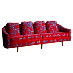 Red and Blue Harvey Probber Sofa with Jupe by Jackie Hand Embroidered Fabric