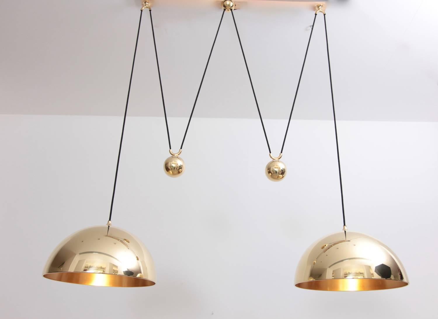 Mid-Century Modern Florian Schulz Double Posa Brass Pendant Lamp with Side Counter Weights