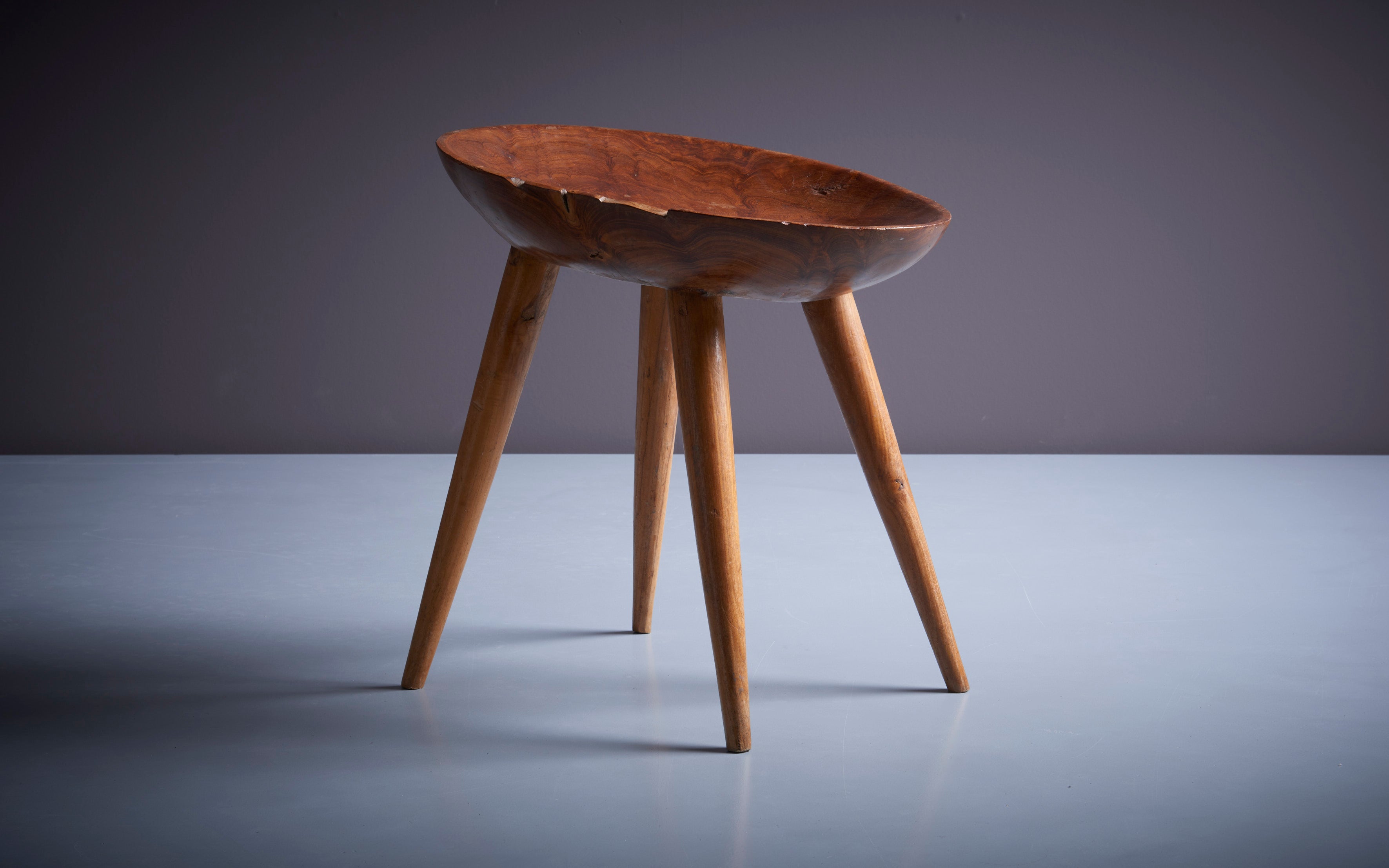 Sculptural French studio wood stool with carved seat, France, 1960s.