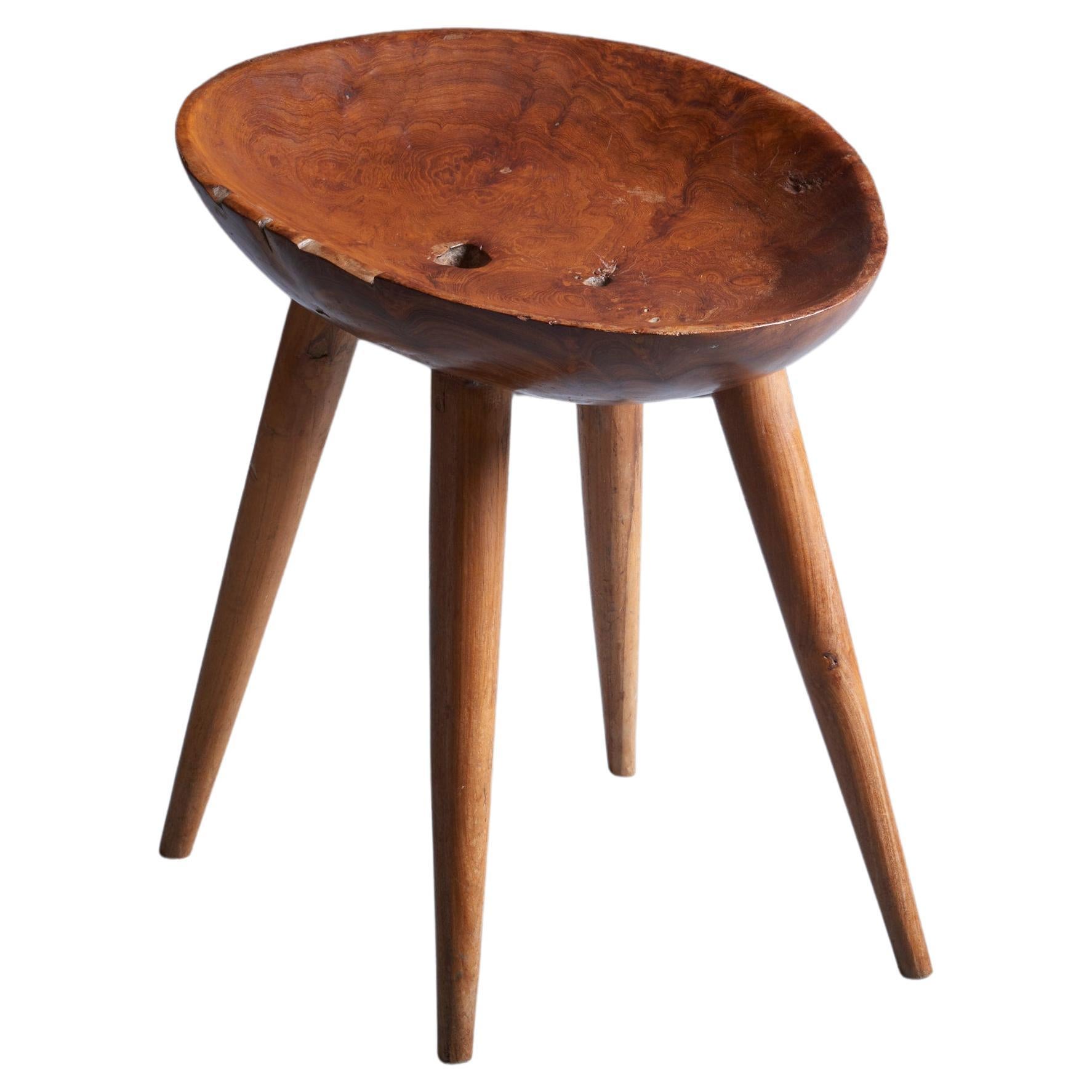 Sculptural French Studio Wood Stool with Carved Seat, France, 1960s For Sale