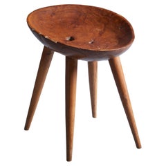 Sculptural French Studio Wood Stool with Carved Seat, France, 1960s