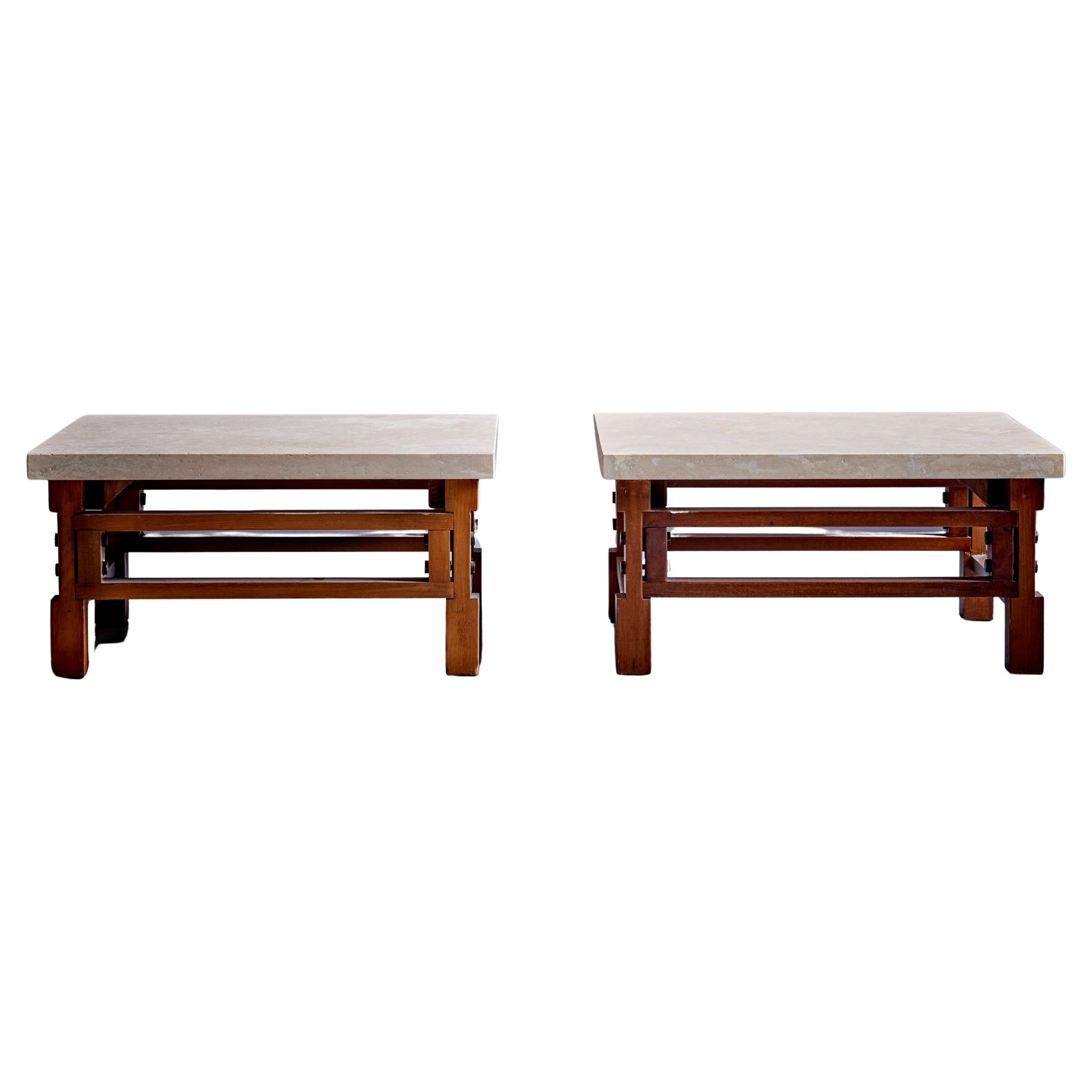 Pair Gianfranco Frattini Side Tables with Travertine Top