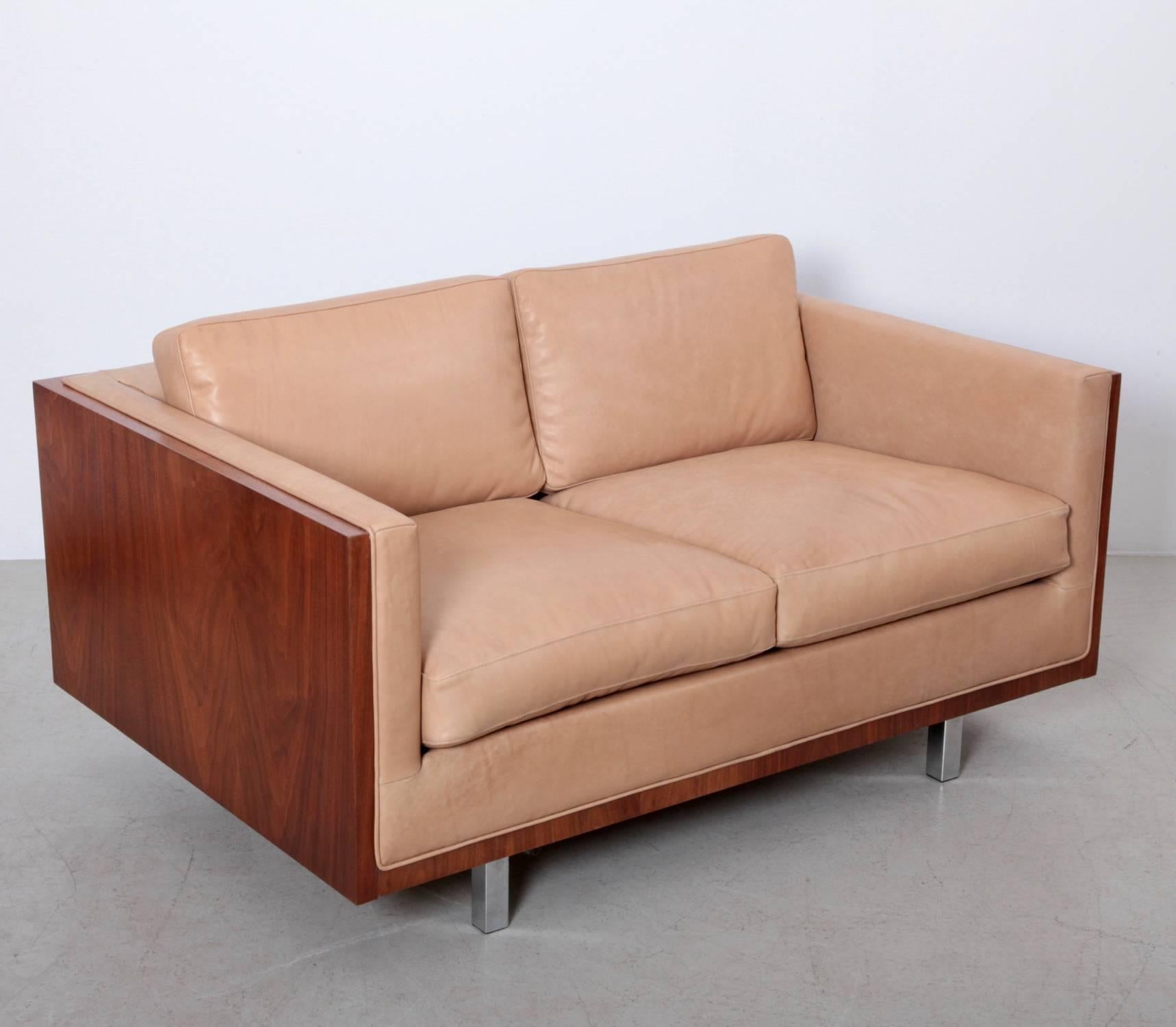 Milo Baughman pair of walnut sofas in excellent condition recently reupholstered in aniline beige leather. 