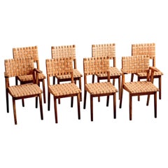 Rare Set of eight Knoll Oak Chairs with Leather Webbing, France 1950s