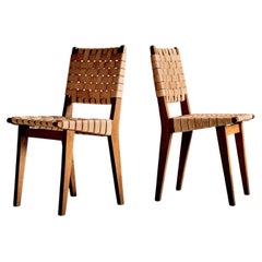 Pair of Jens Risom Oak Chairs with Leather Webbing for Knoll, France 1950s