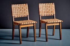 Pair of Jens Risom Oak Chairs with Leather Webbing for Knoll, France 1950s