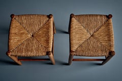 Pair of Beechwood Stools with Woven Rush Seats 1950s France