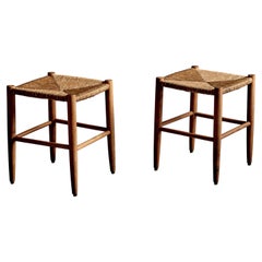 Pair of Beechwood Stools with Woven Rush Seats 1950s France