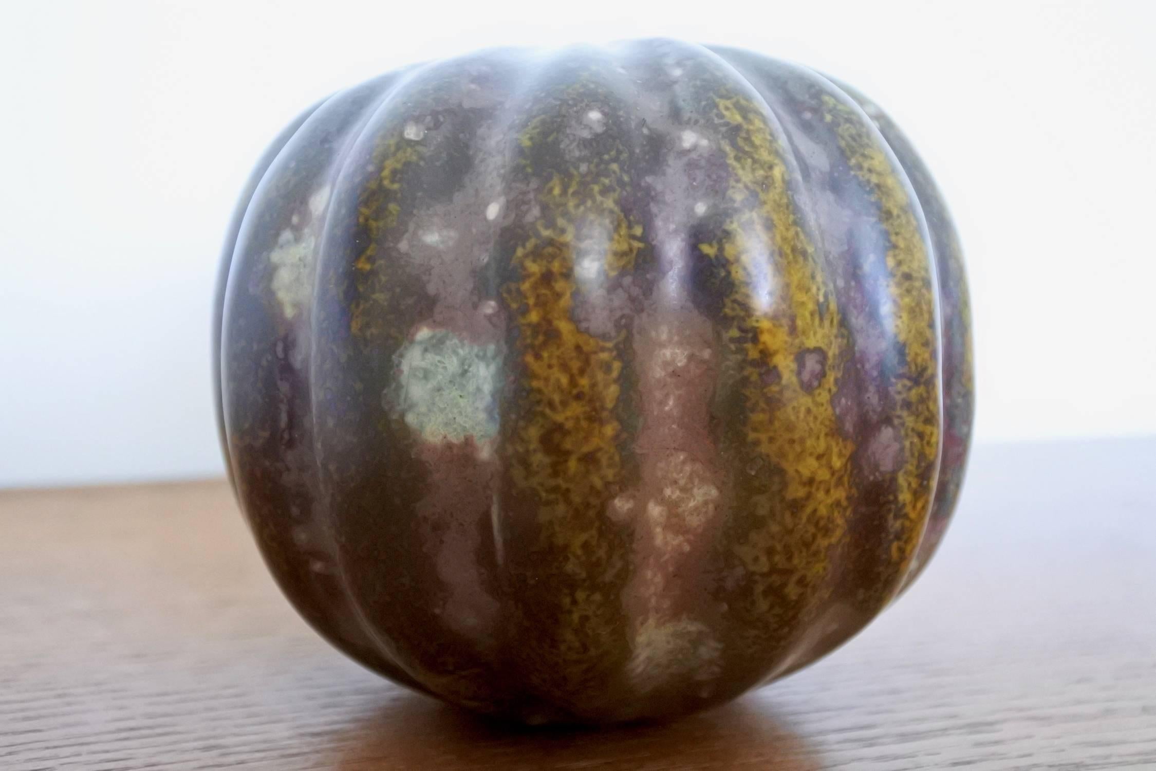 Beautifully designed dark green glazed ceramic vase Pumpa (pumpkin in Swedish) from Hedberg's own workshop in Biot in the south of France, circa 1960s. No chips or cracks, excellent condition. Signed.

