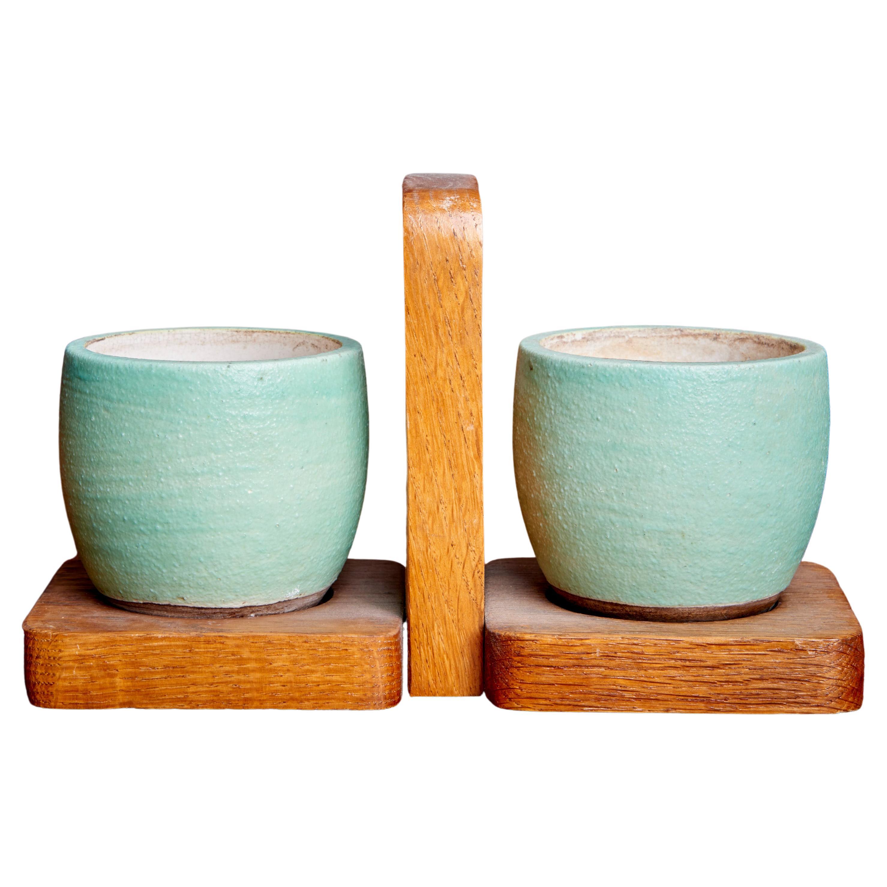 Keramos Ceramic Mugs and Oak Tray in Light Green Turquoise, France, 1950s For Sale