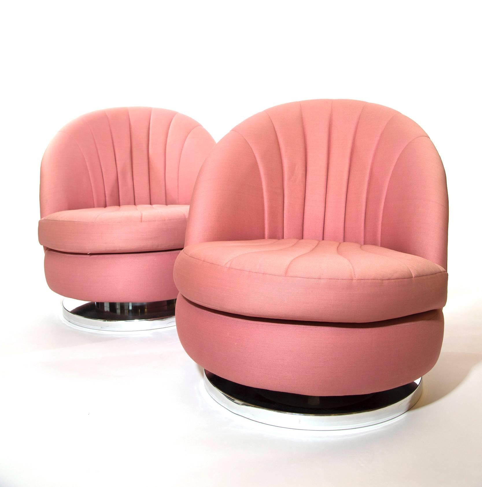 Fine pair of Milo Baughman for Thayer Coggin Pair of Chrome Swivel Chairs. One chair retains the Original Thayer Coggin Label.