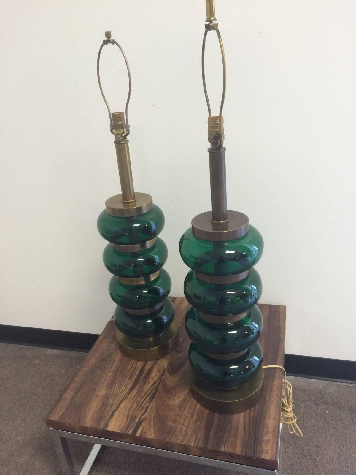 Large Pair of Brass and Glass Orb Lamps by Paul Hanson  In Good Condition In Keego Harbor, MI
