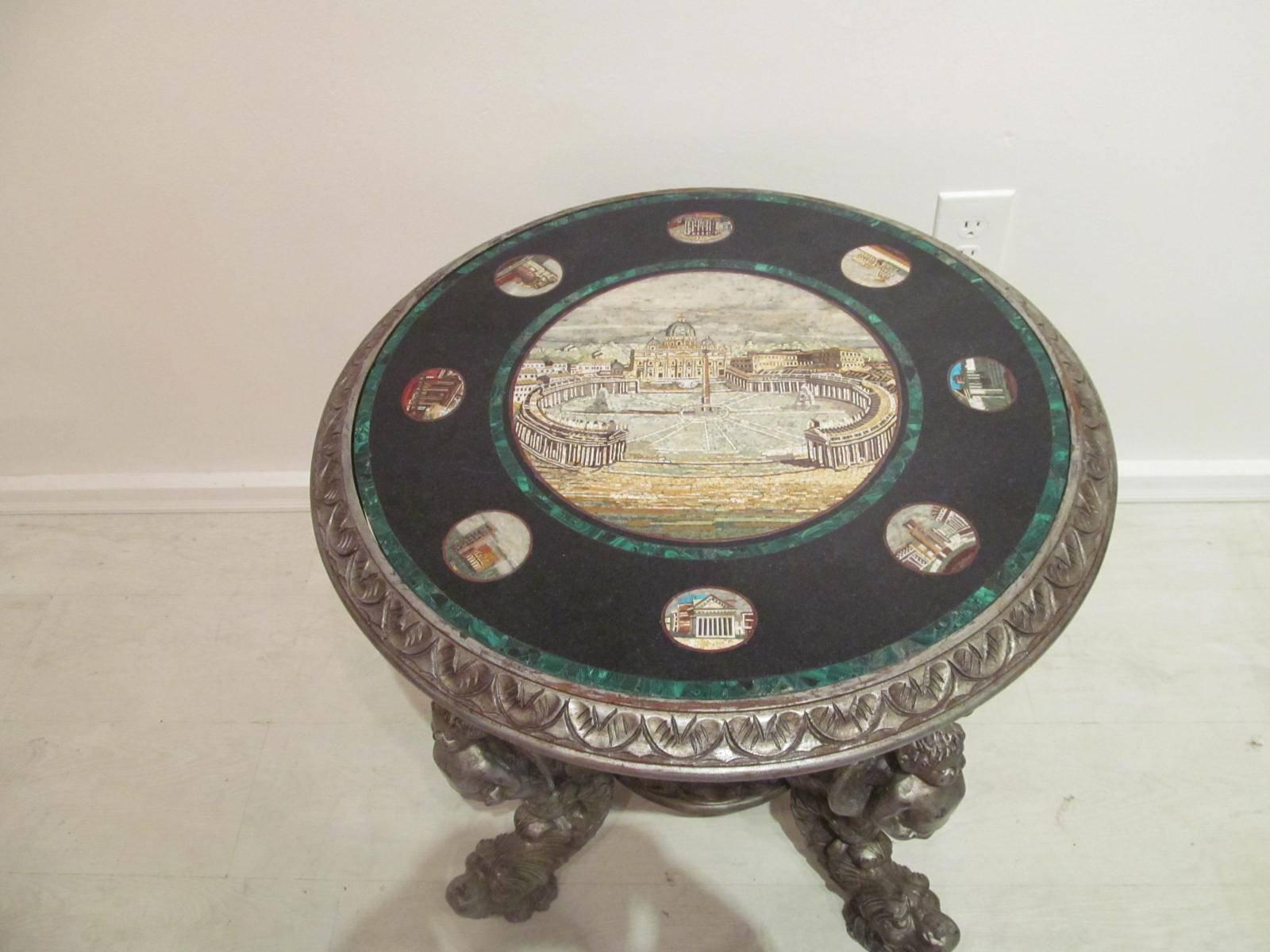 Antique Venetian Dolphin Base Scenic Micro Mosaic Table In Good Condition For Sale In Keego Harbor, MI