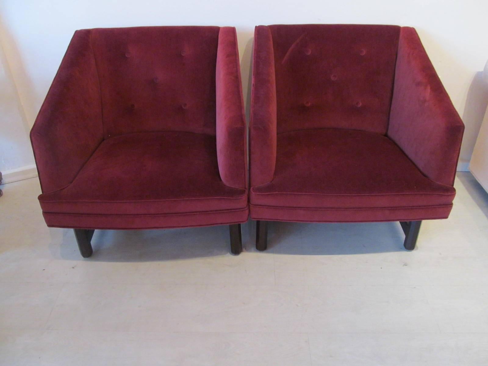 Excellent pair of refurbished and recovered Harvey Probber armchairs.
