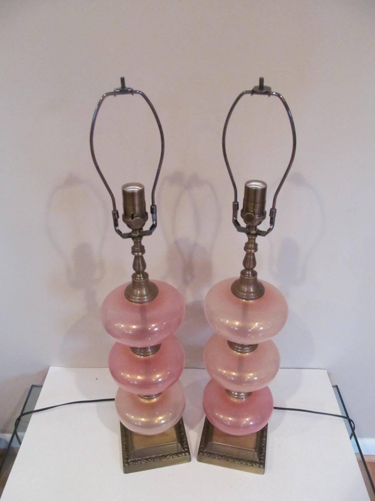 Italian Pair of Murano Orb Lamps in Peach with Gold Highlights For Sale