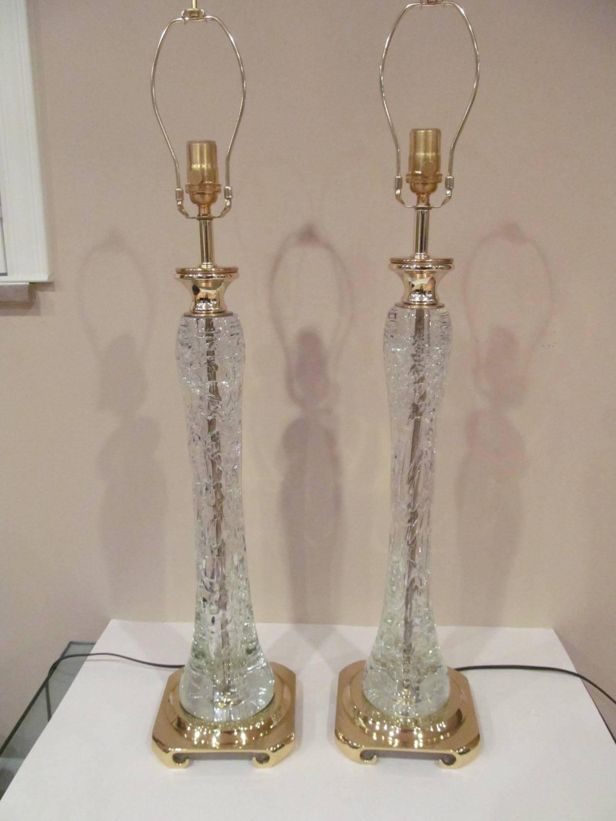 Late 20th Century Pair of Clear Rock Crystal Lamps  For Sale