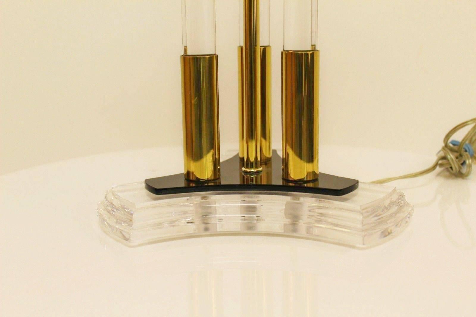 North American Pair of Lucite Acrylic and Brass Lamps by Bauer