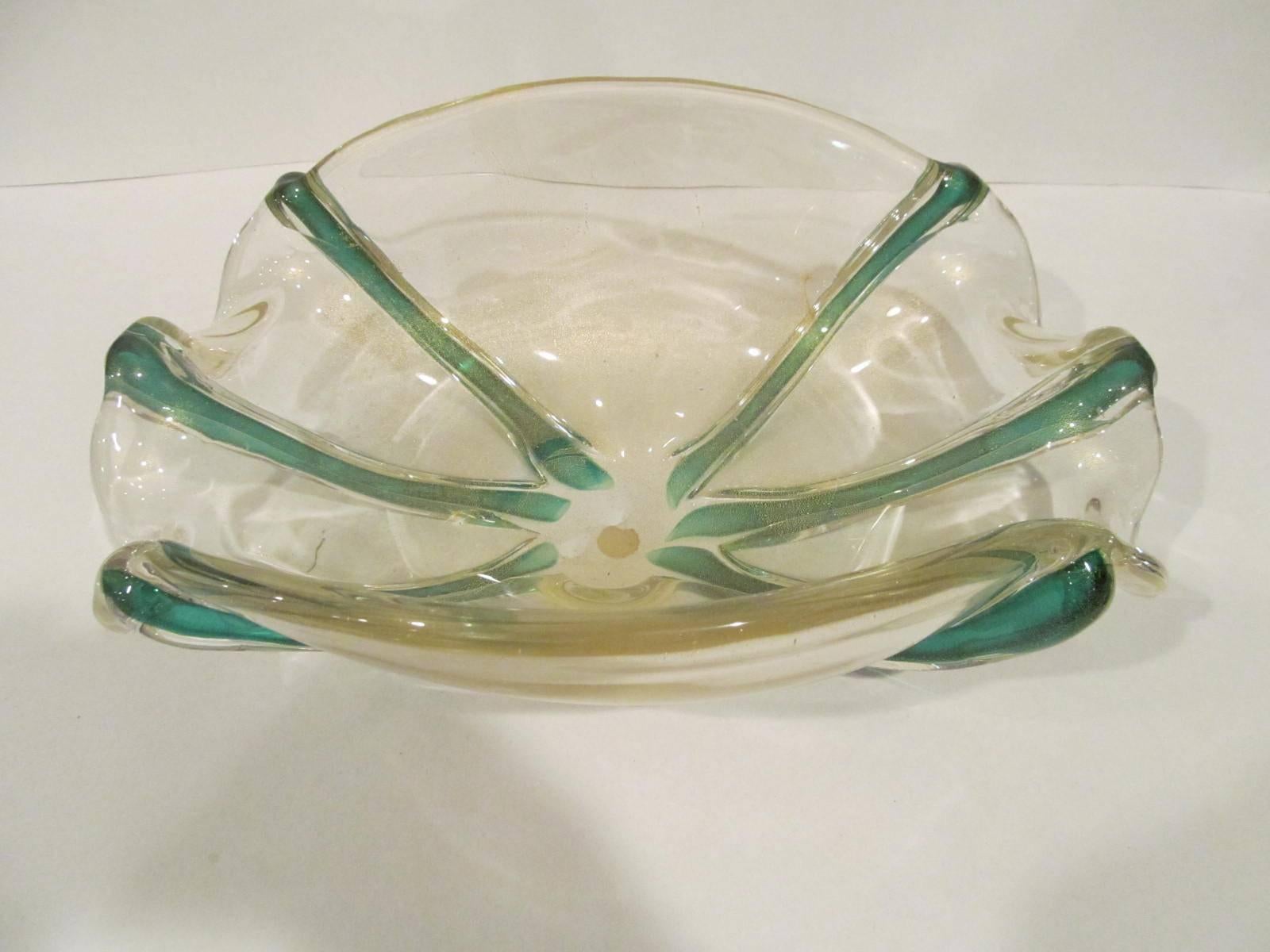 Rare Archimede Seguso centerpiece bowl with applied green canes.