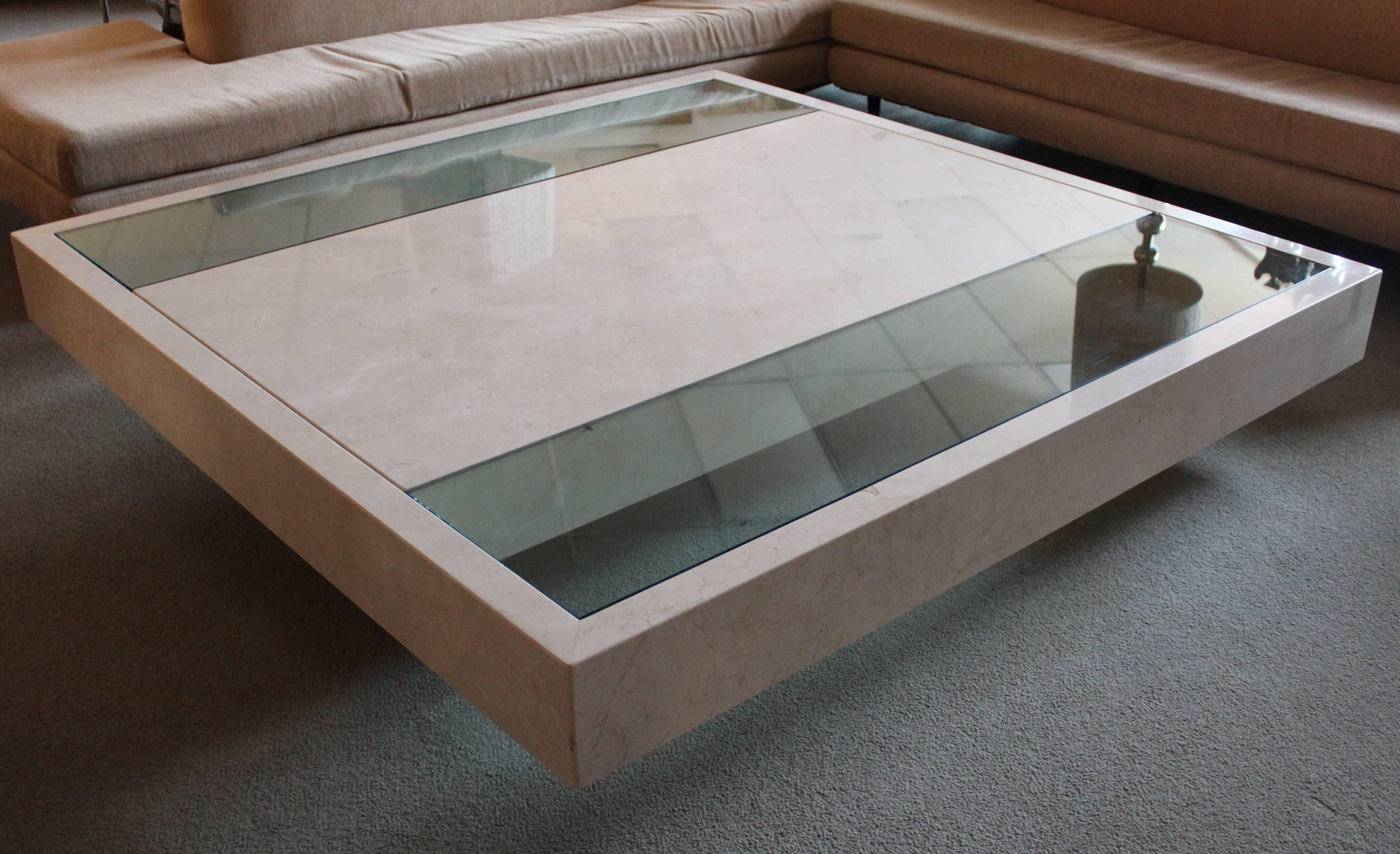 Mid-Century Modern Monumental Floating Marble and Glass Tobocman Coffee Table