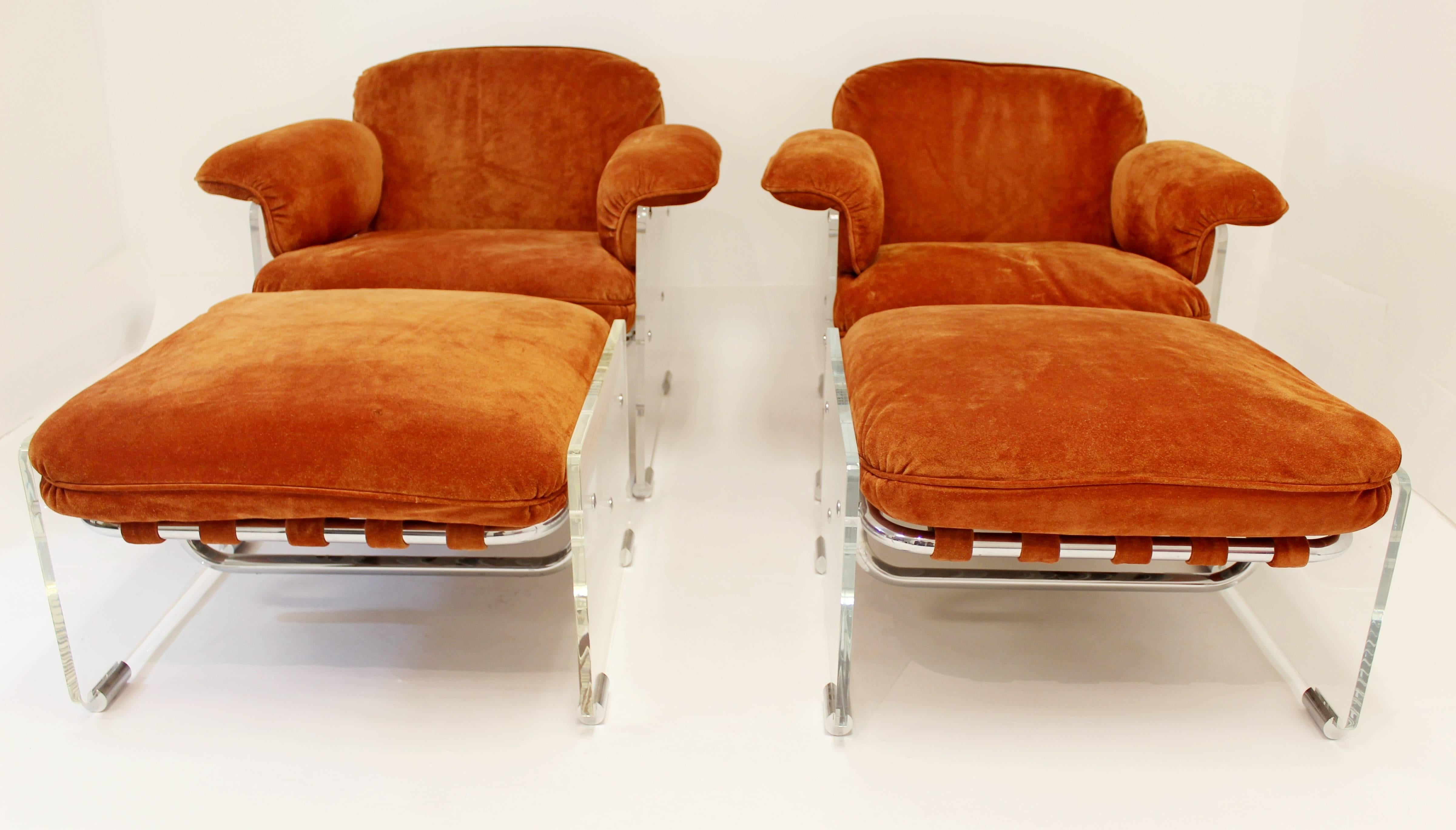 Mid-Century Modern Pair of Pace Lucite Chairs and Matching Ottomans with Original Upholstery 