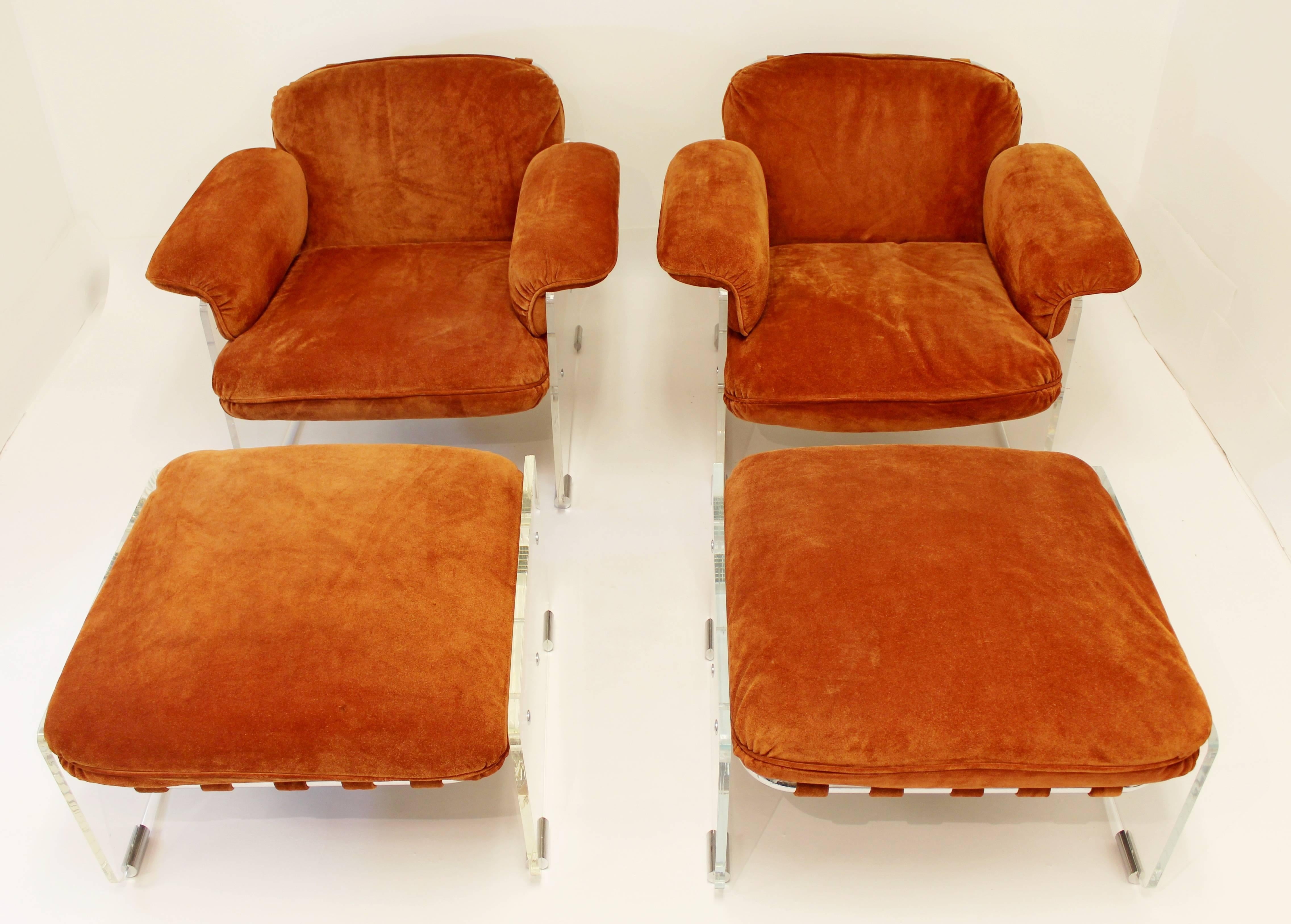 Italian Pair of Pace Lucite Chairs and Matching Ottomans with Original Upholstery 
