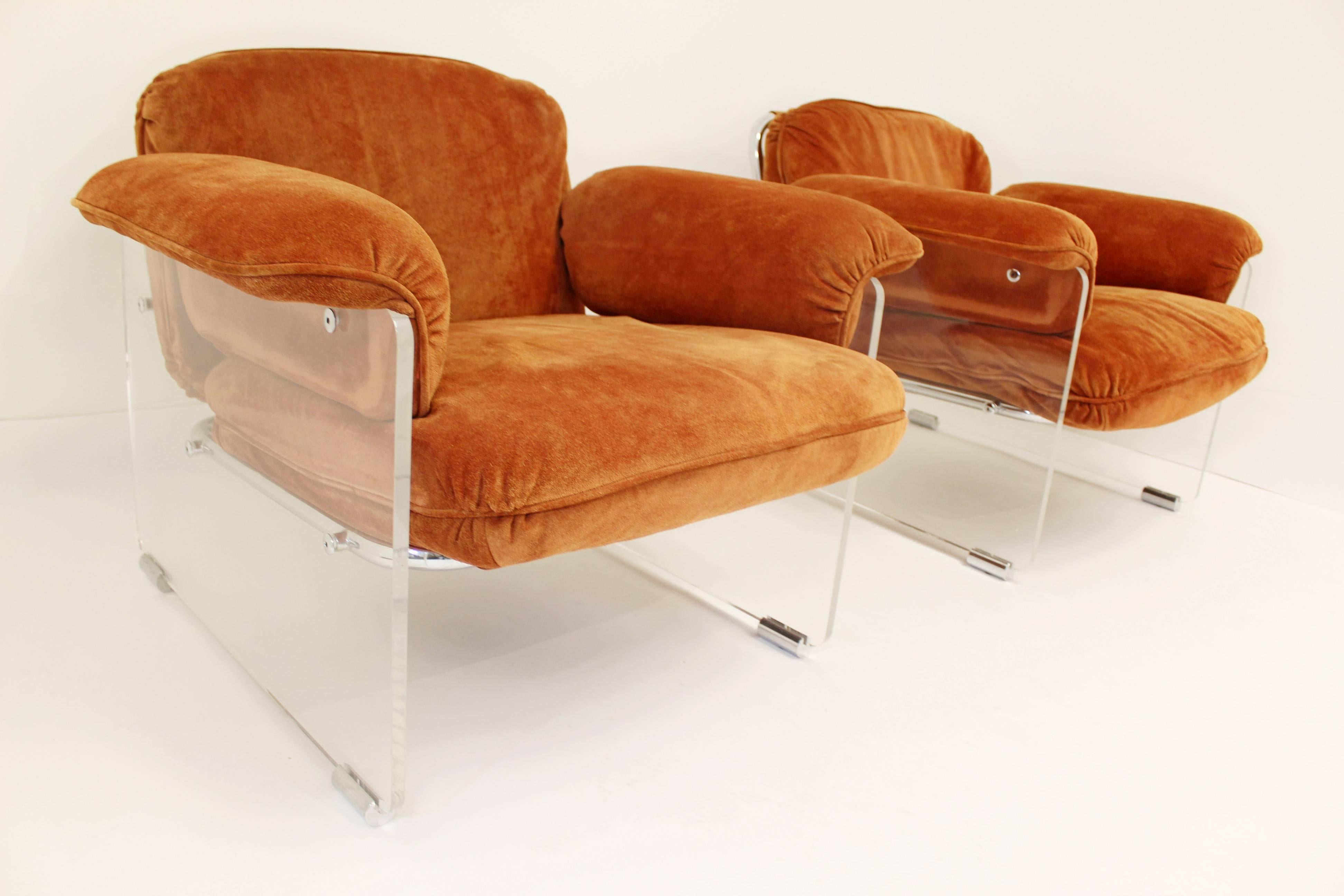 Late 20th Century Pair of Pace Lucite Chairs and Matching Ottomans with Original Upholstery 