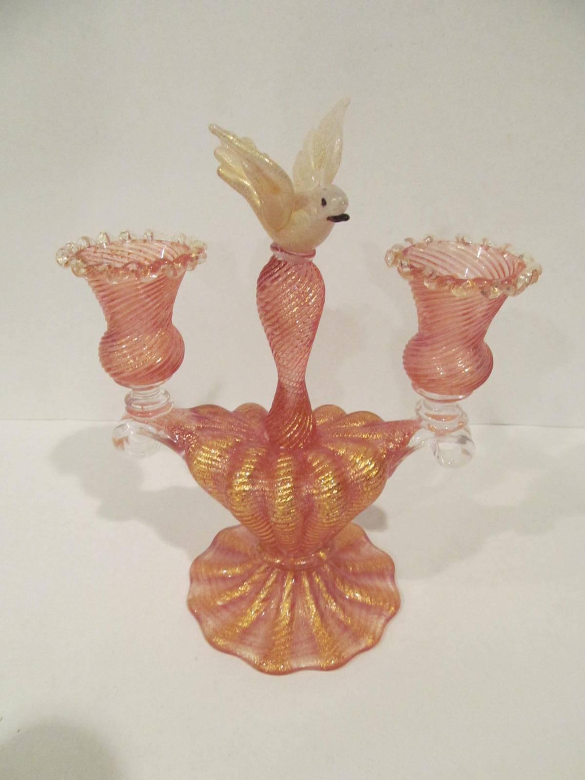 Mid-Century Modern Rare Pair of Barovier and Toso Murano Double Candlesticks with Attached Birds For Sale