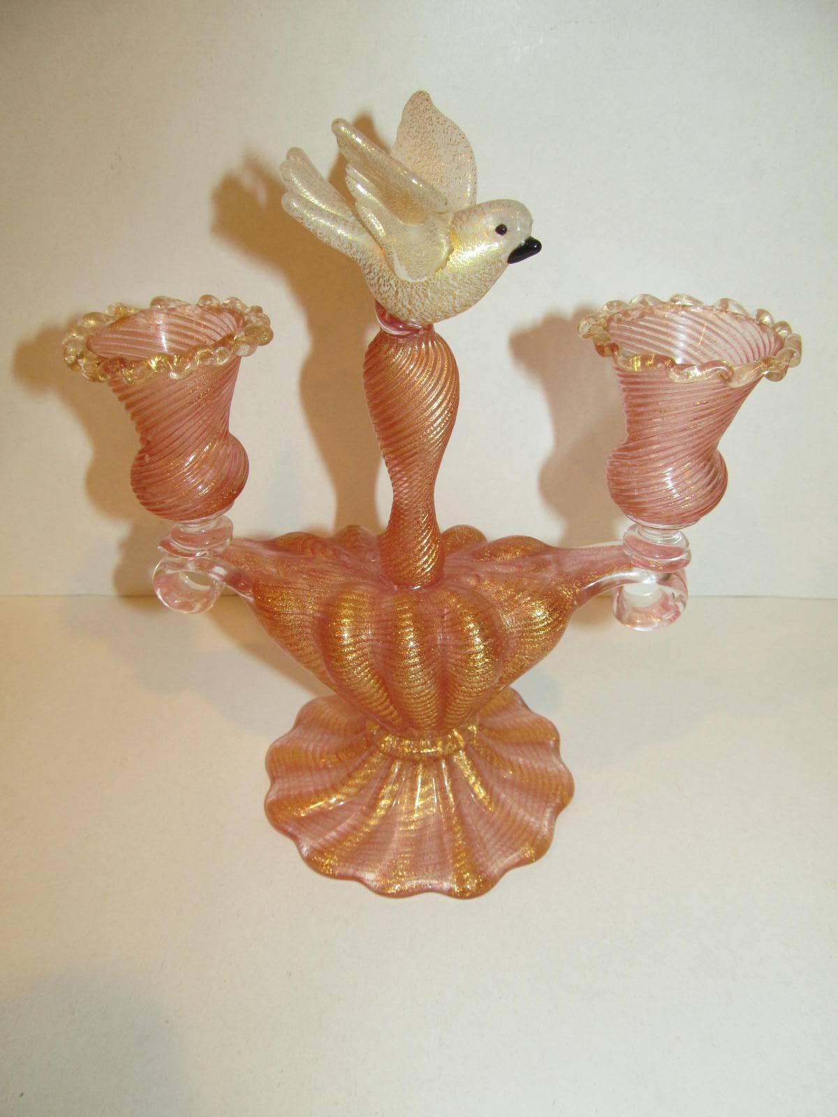 Italian Rare Pair of Barovier and Toso Murano Double Candlesticks with Attached Birds For Sale