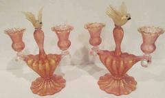 Rare Pair of Barovier and Toso Murano Double Candlesticks with Attached Birds
