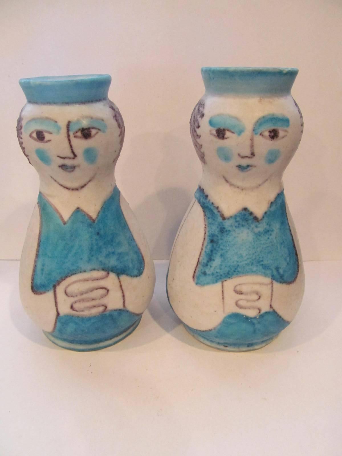 Mid-Century Modern Pair of CAS Signed Pottery Figural Vases, Italy, 1950s