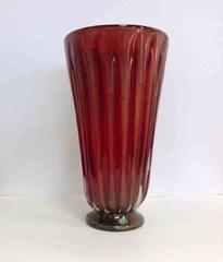 Monumental Archimede Seguso Ribbed Glass Murano Vase with Gold Flecks