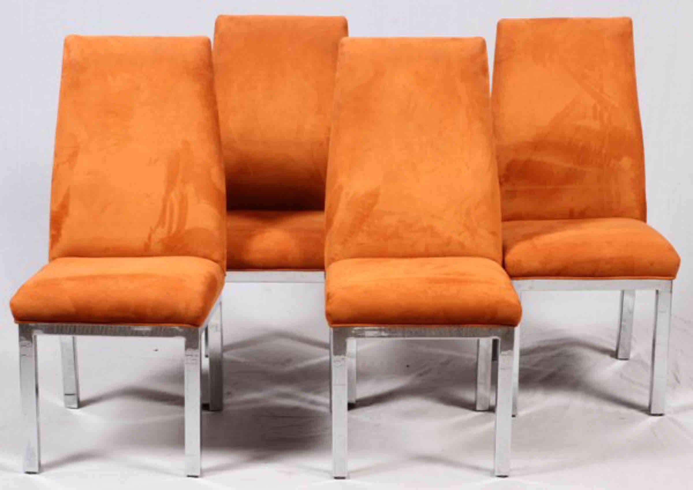 Set of eight burnt orange on chrome leg chairs by Paul Evans for Directional. Chrome and foam/cushions are in good condition but would benefit from being reupholstered. The dimensions are 19