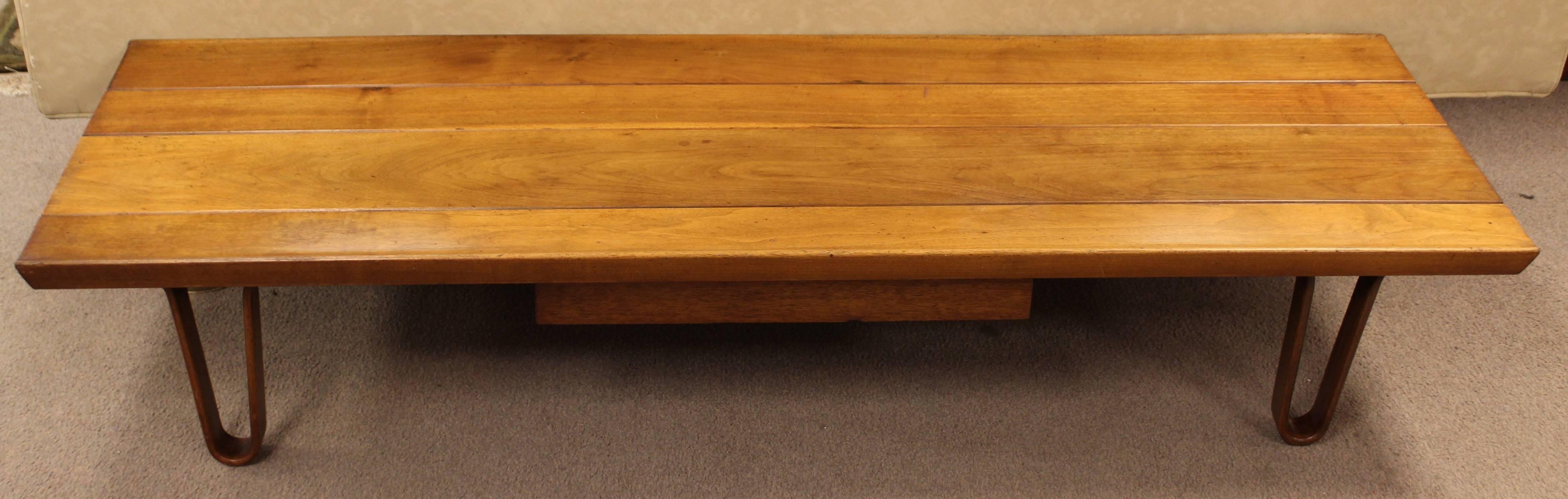Classic long john table or bench with drawer by Edward Wormley for Dunbar. In excellent condition. Professionally refinished. The dimensions are 60