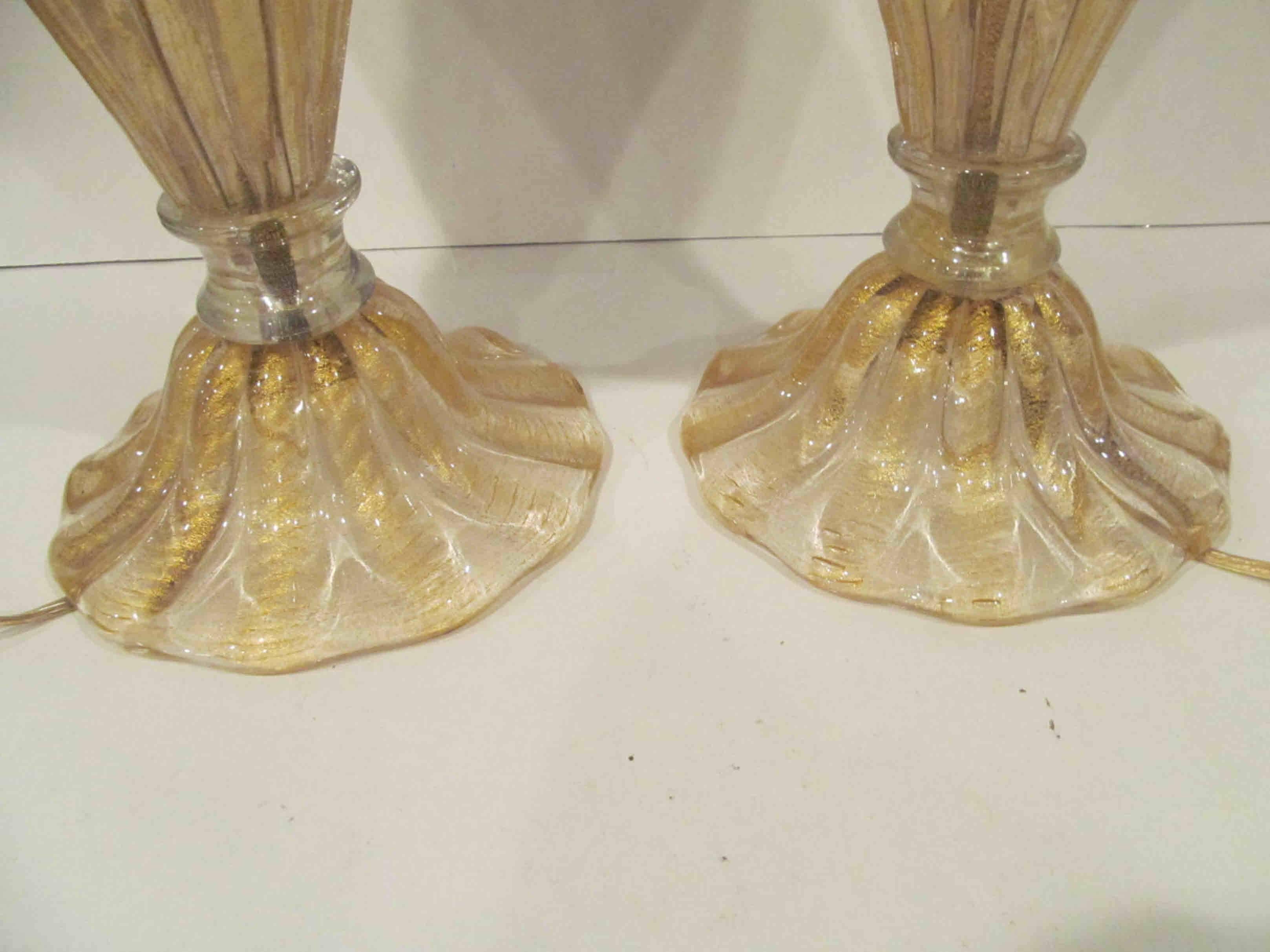 Mid-Century Modern Vibrant Pair of Gold Cordonato D'oro Barovier and Toso Murano Lamps