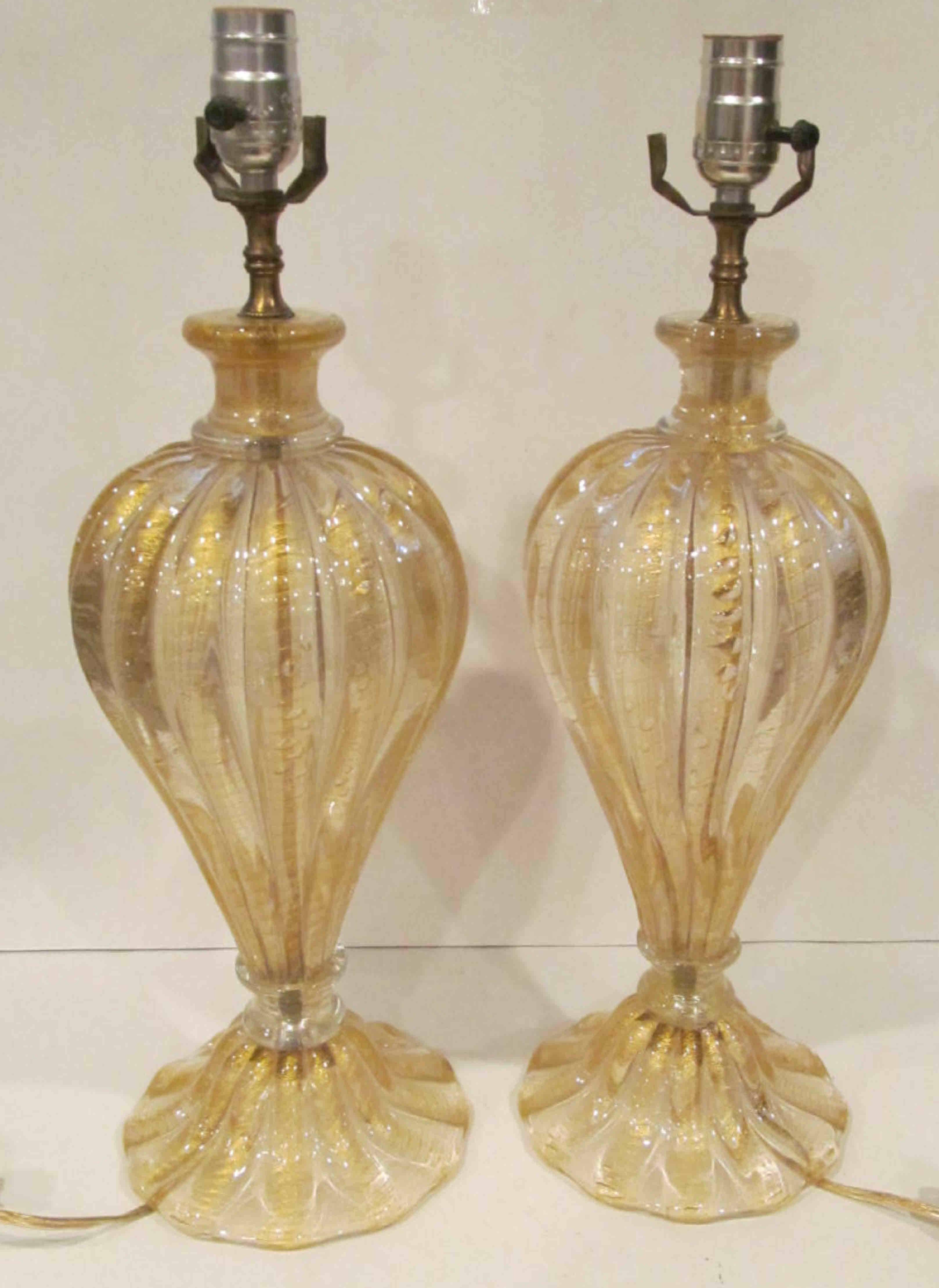 Italian Vibrant Pair of Gold Cordonato D'oro Barovier and Toso Murano Lamps
