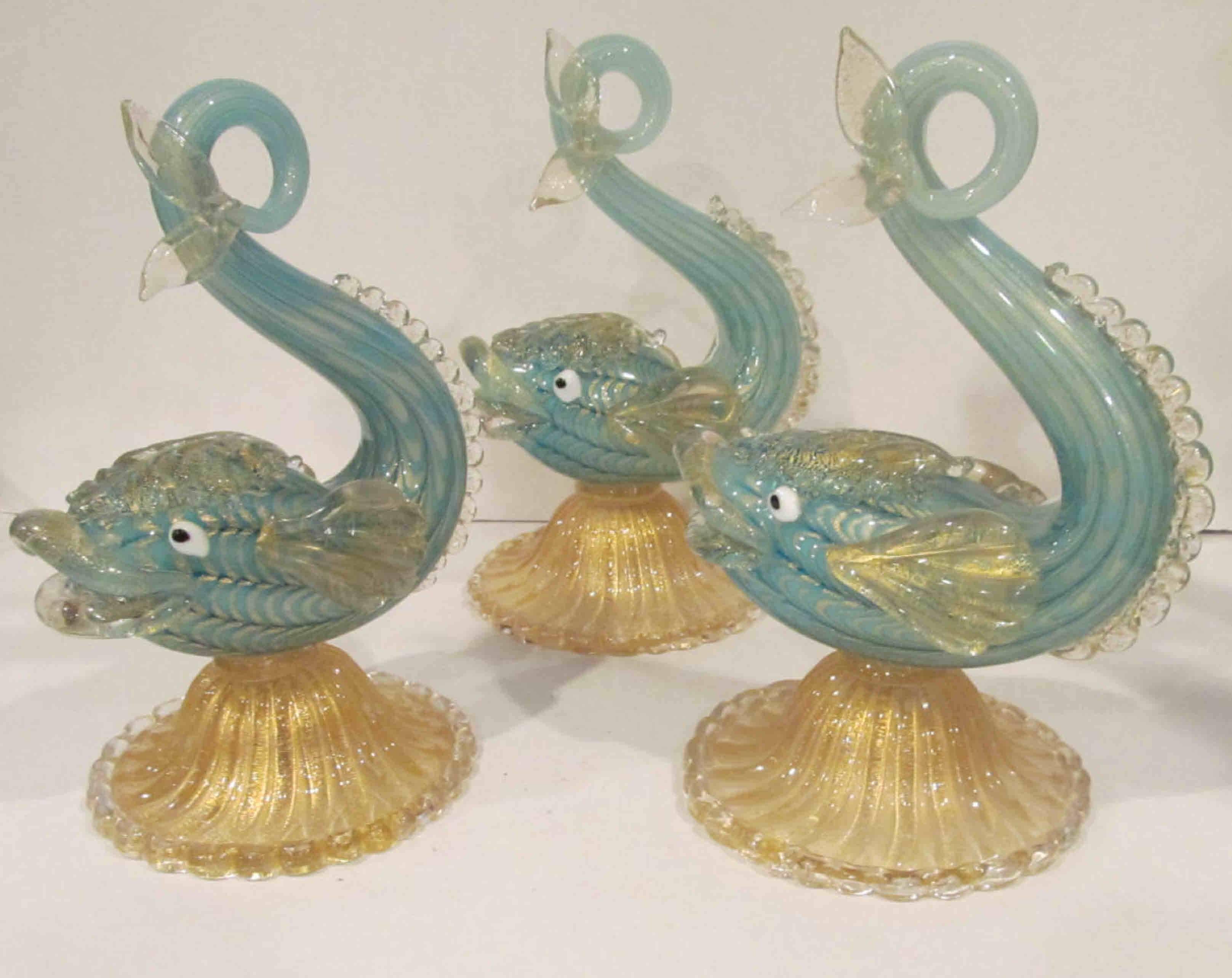 A rare set of three Barovier and Toso Fish designed by Ercole Barovier. One fish retains an original label as pictured.