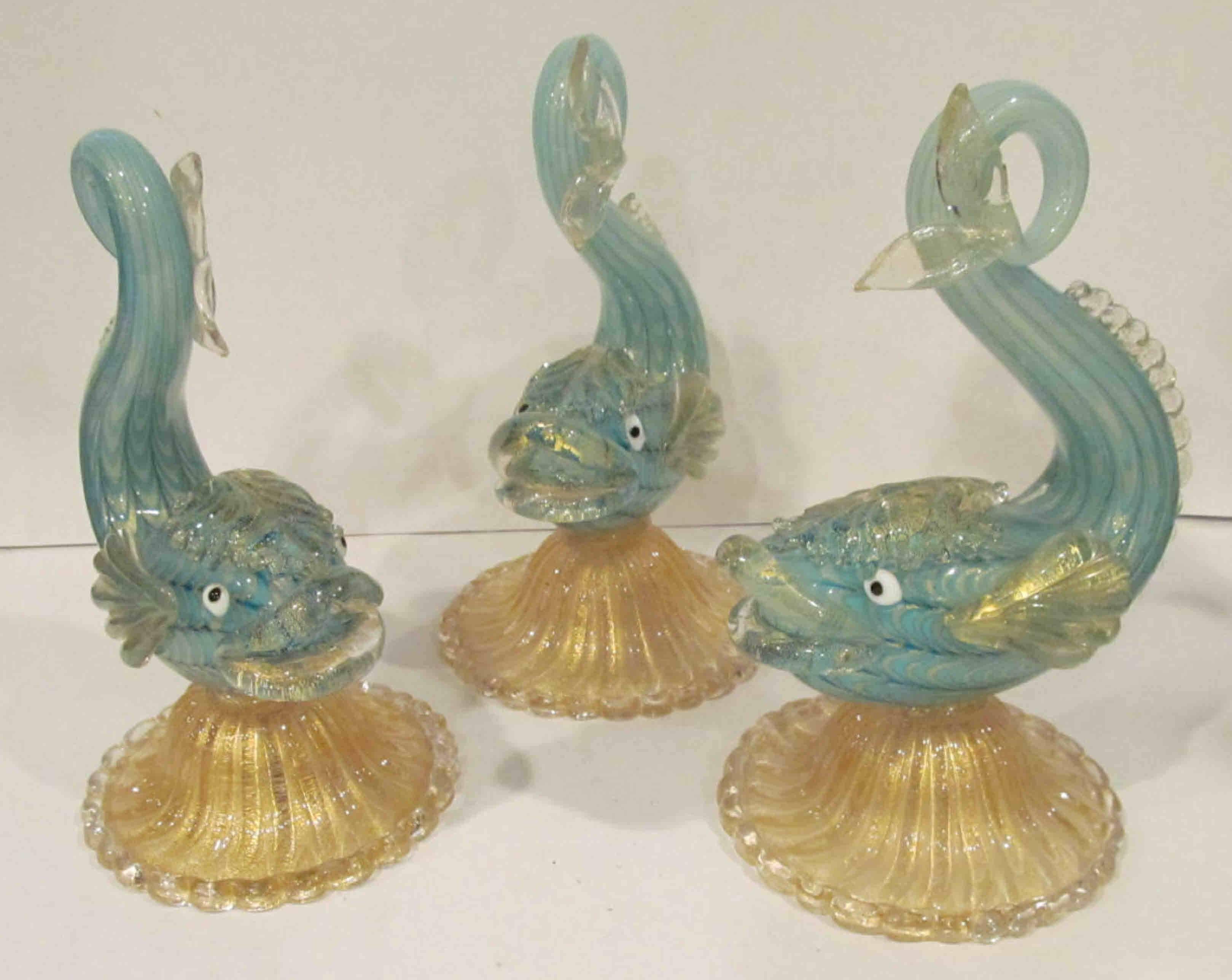 Mid-Century Modern Set of Three Rare Murano Barovier and Toso Fenecio Fish Sculptures by Ercole Bar