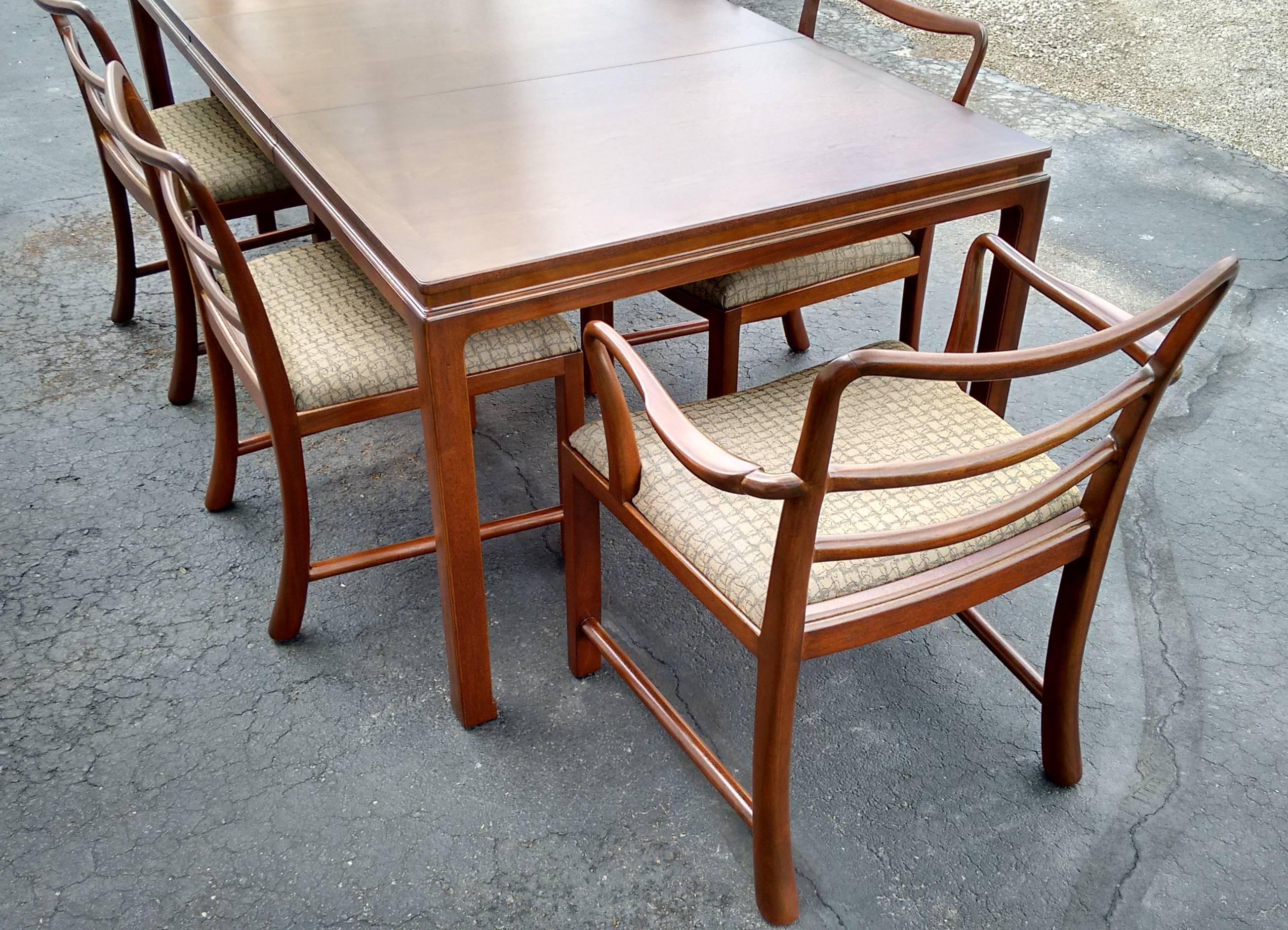 Mid-Century Modern Mahogany Signed Dunbar Dining Set with Table Six Chairs and One Leaf