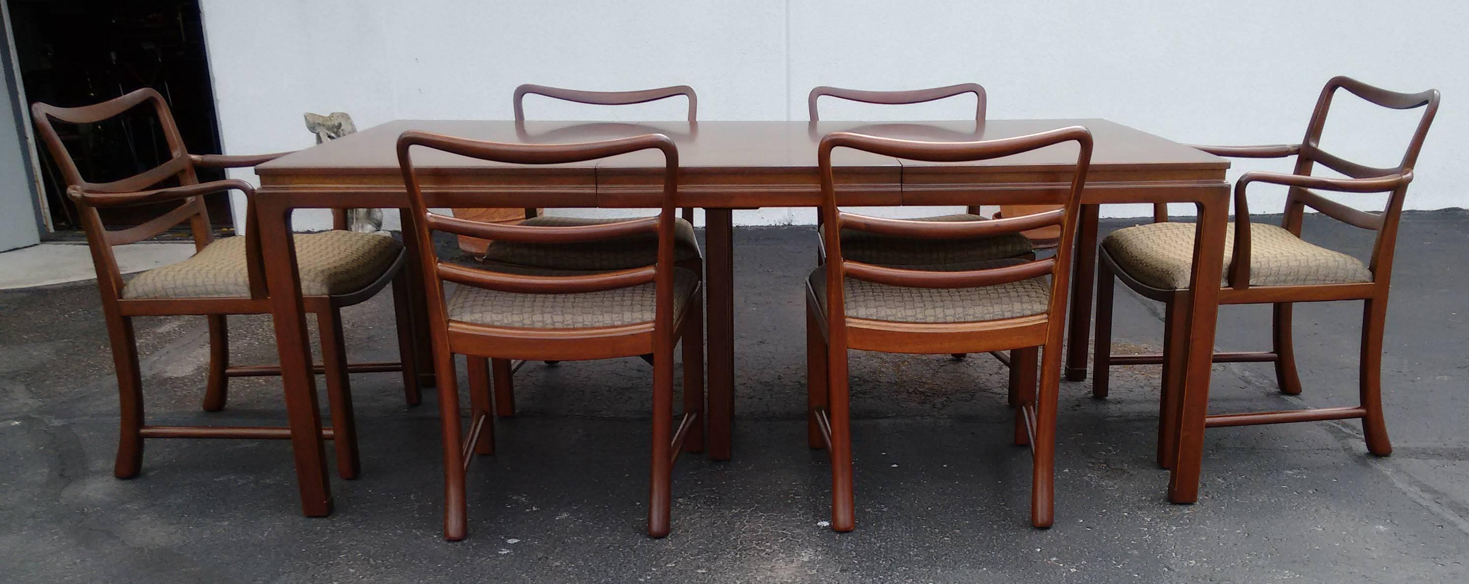 Mid-20th Century Mahogany Signed Dunbar Dining Set with Table Six Chairs and One Leaf