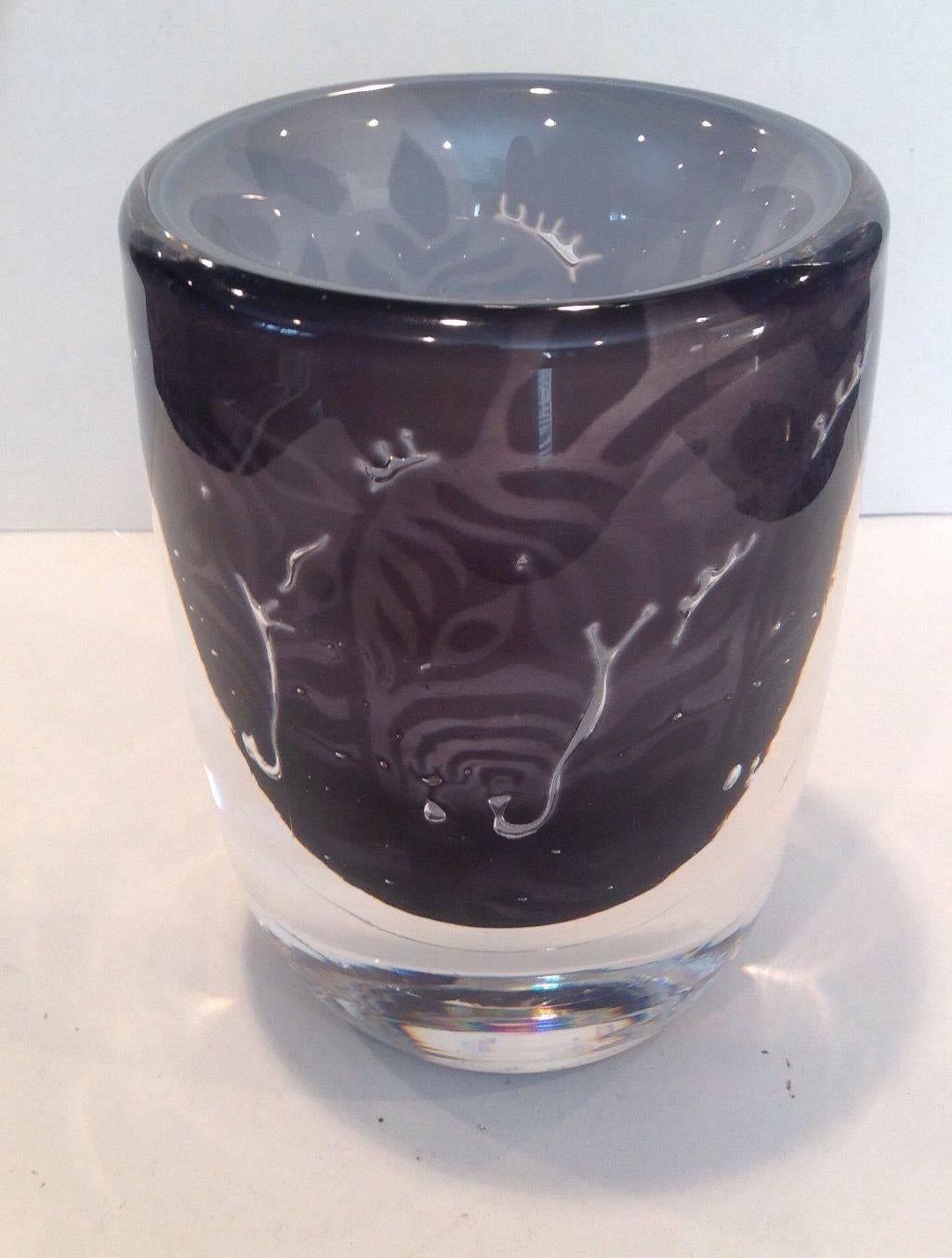 Monumental and rare Ingeborg Lundin for Orrefors Ariel glass vase depicting zebras. Cased opalescent and clear layers with silver and black zebra decoration. Signed as pictured 