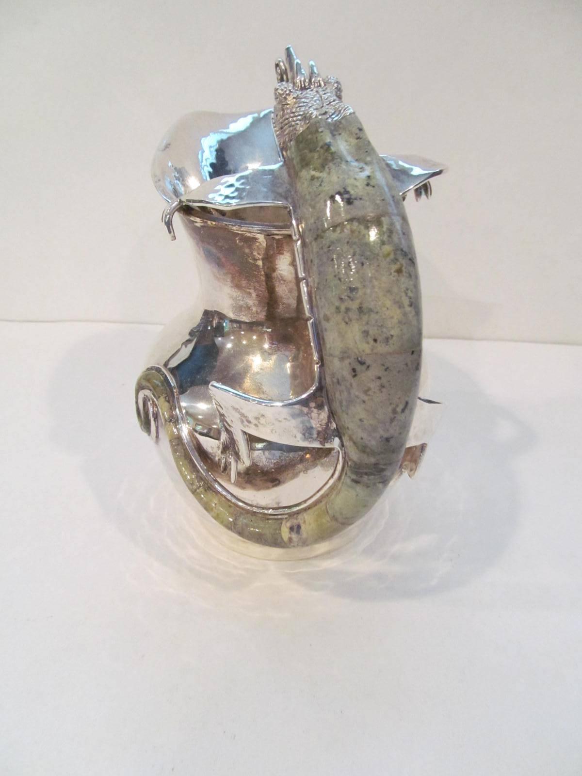 Mid-Century Modern Signed Los Castillo Silver Plate Pitcher with Animal Attachment