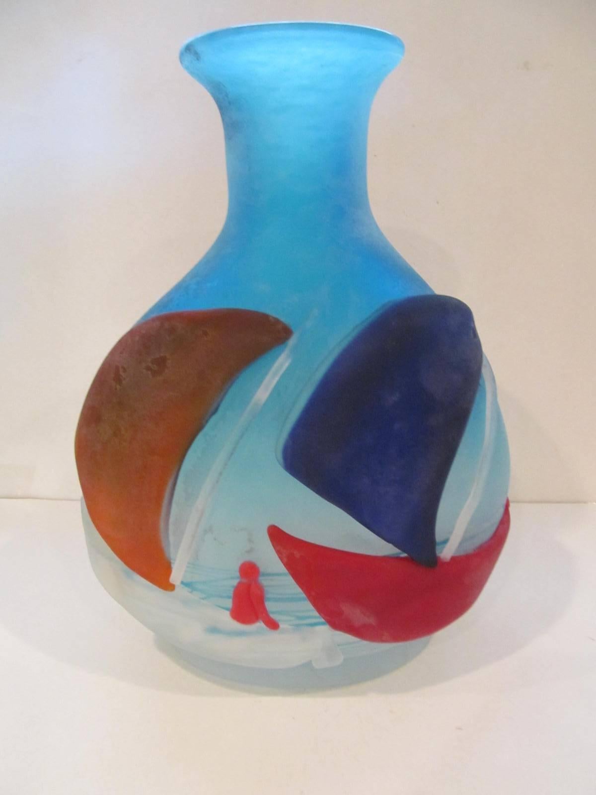 Signed Fabio Tosi Cenedese sailboat vase. Monumental in size sail across the open seas with the vase in your yacht. Great movement and quality. Height is 15 1/2 inches, by 11 1/2 inches wide, by 6 inches deep.